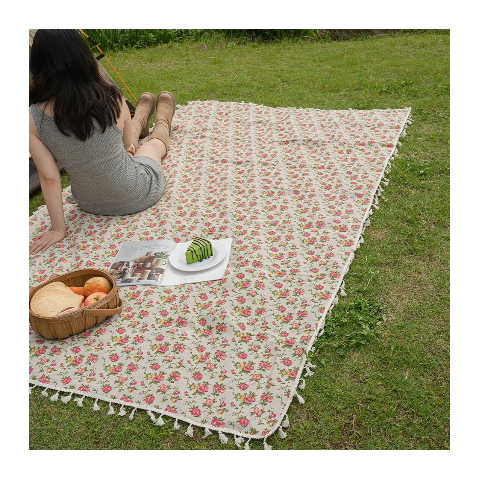 Couverture Pique Nique Tapis de Pique-Nique Pliable Style Campagne Rose, idéal for Les Voyages à la Plage, Le Camping et la randonnée.(140x220)