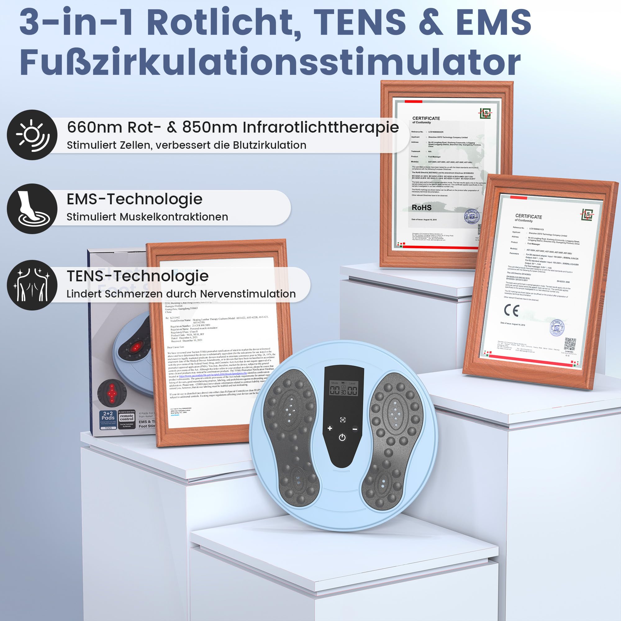 Medic Durchblutungs-Stimulator EMS Fußmassagegerät Polyneuropathie Gerät, 660 + 850nm Infrarotlicht mit 4 Elektroden, für Neuropathie Füße zur Bekämpfung von Bein-Schmerzen Schwellungen