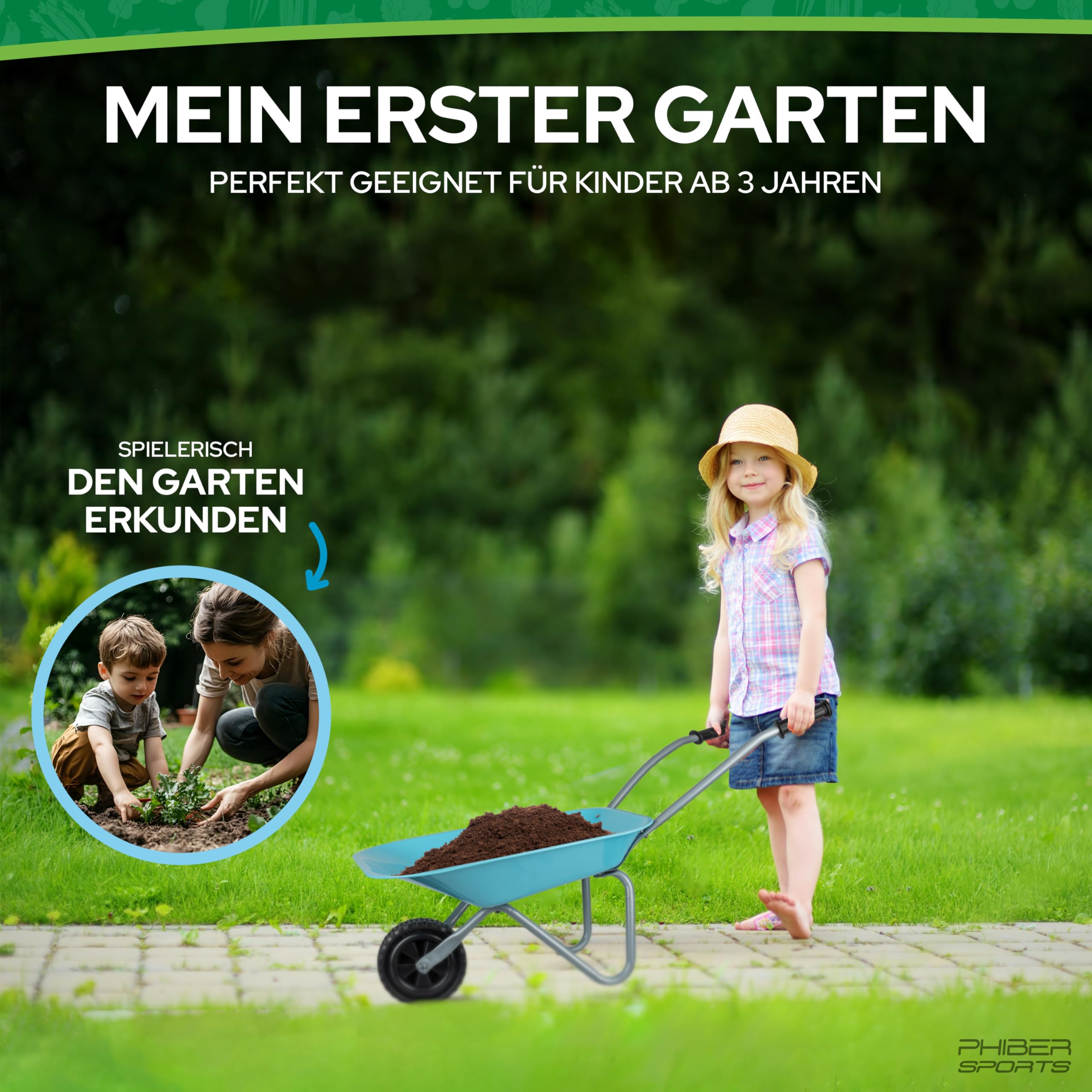PHIBER-SPORTS Kinderschubkarre mit Gartenwerkzeug aus Metall - Schaufel, Besen, Rechen, Laubrechen + Wetterfeste Sticker