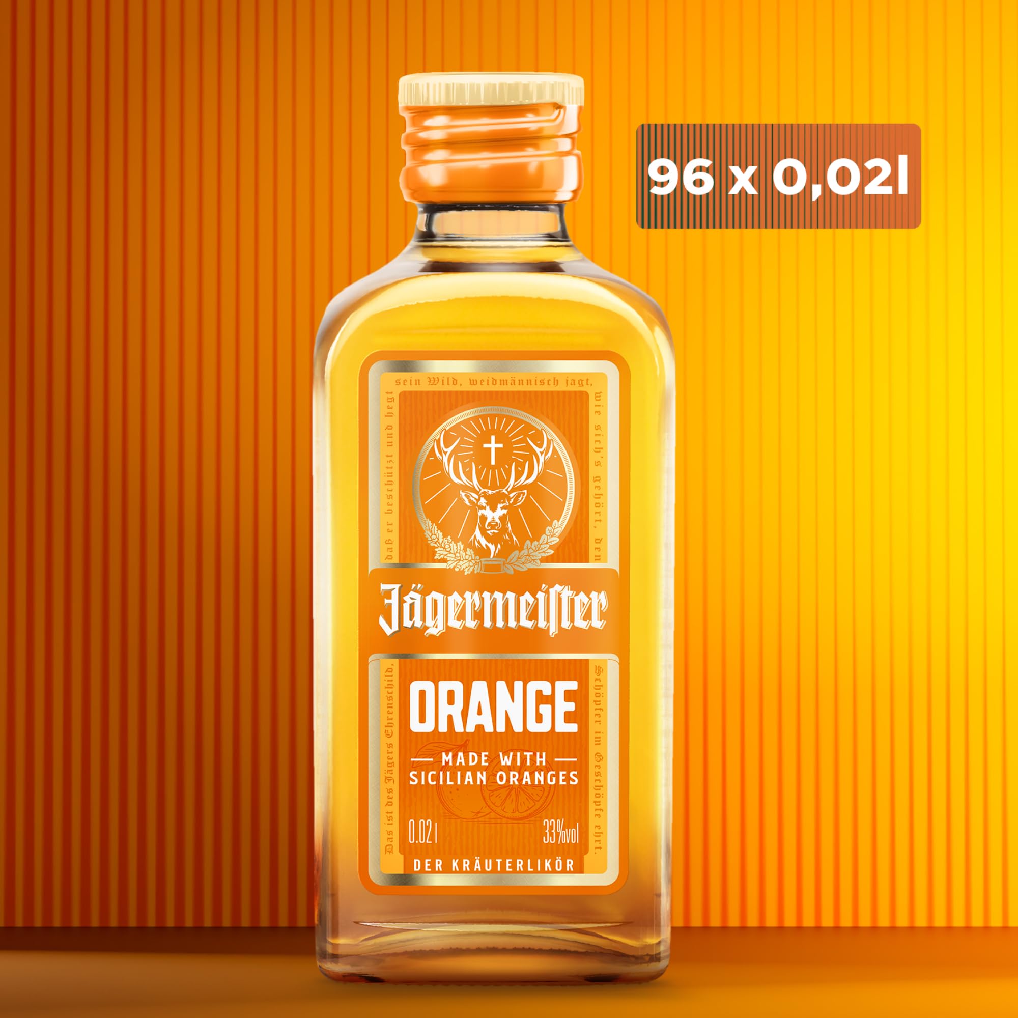 Jägermeister ORANGE – 96 x 0,02l Premium Kräuterlikör Shots 33% Vol. – Fruchtig-frisch mit Citrusöl-Extrakt aus sonnengereiften sizilianischen Orangen – 56 erlesene Kräuter
