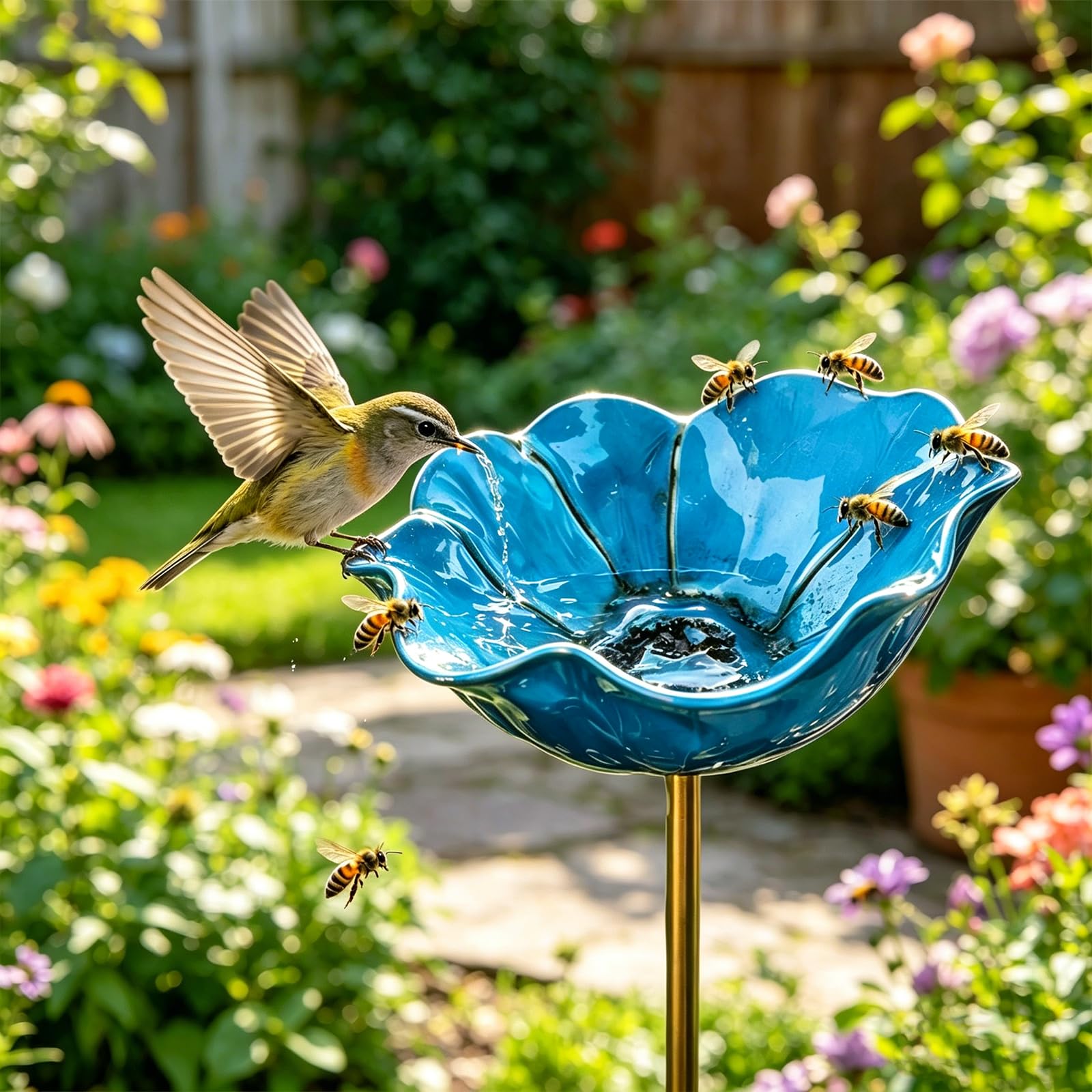 Handmade Metal Flower Garden Stake Bird Bath, Butterfly Bee Water Feeder with Flower Design, Decorative Garden Flowers Bird Bath for Yard, Lawn & Patio Decor (Blue)
