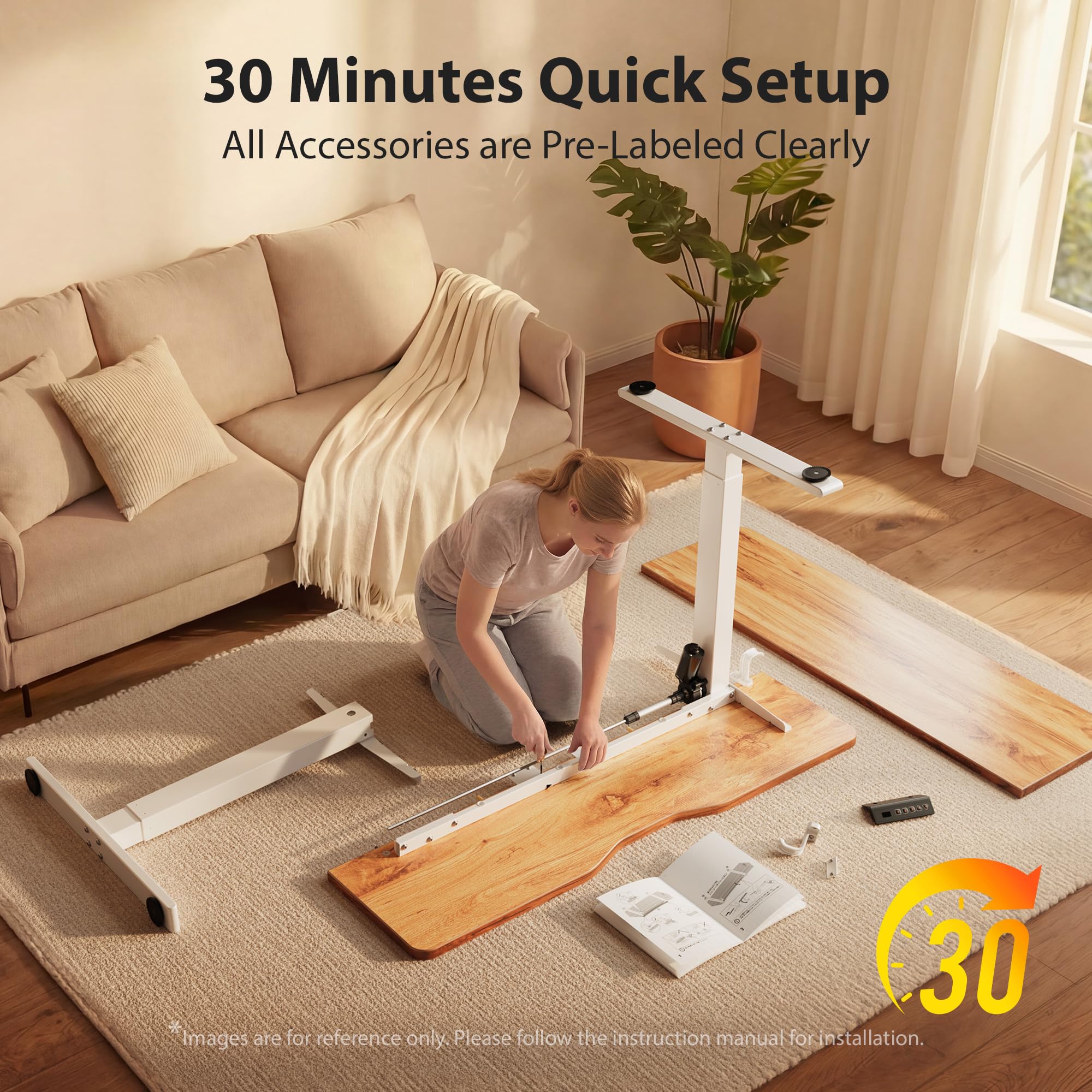 Cubiker Standing Desk, 55x28 Inches Sit Stand Home Office Desk, Electric Stand up Desk, Adjustable Desk with Splice Board, White Frame/Light Rustic Top view 8