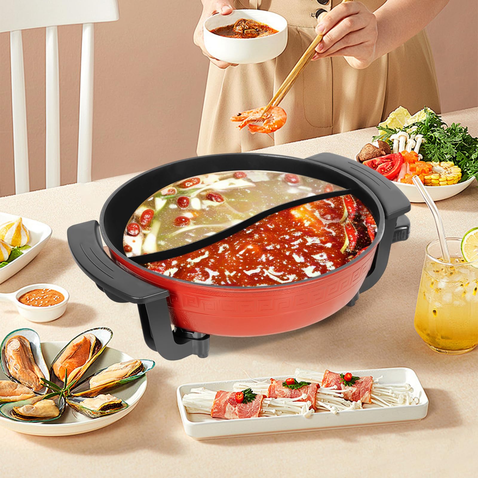 Pentola da 1360 W Hot Pot 6 L Twin Hot Pot Shabu per fonduta cinese con coperchio e 5 livelli di regolazione della temperatura per 3-4 persone