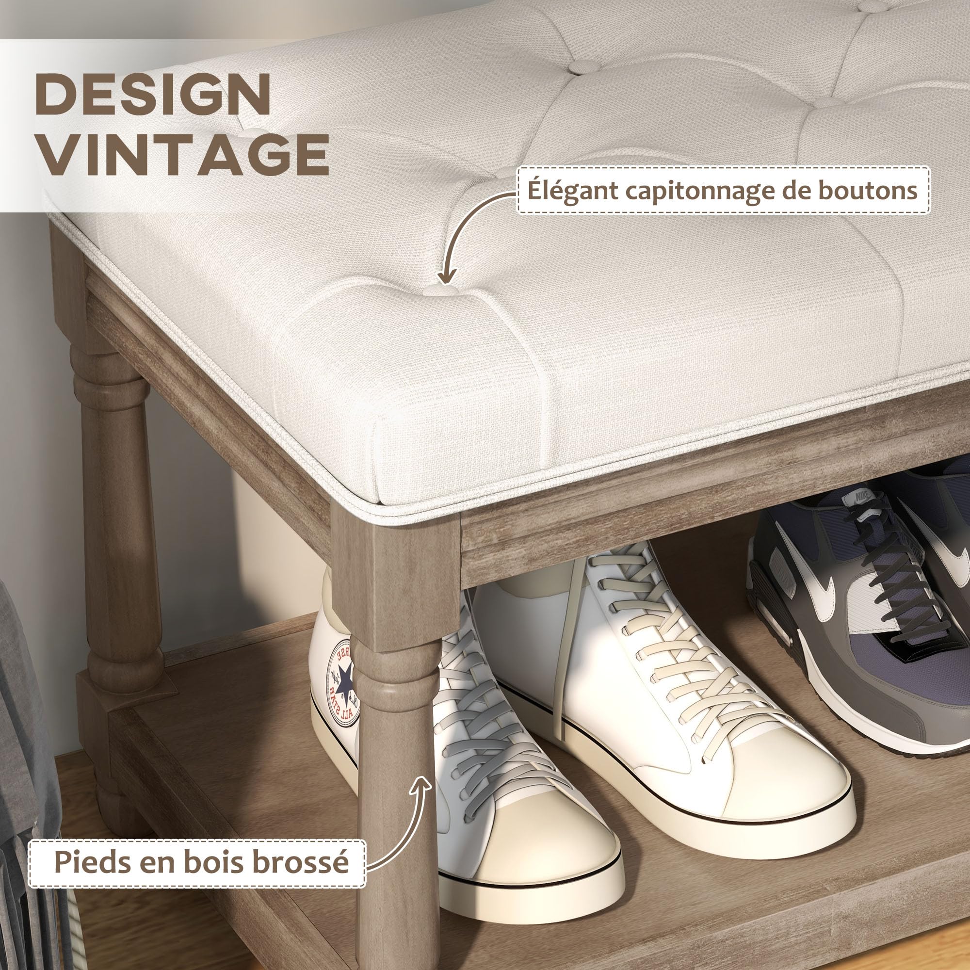HOMCOM Banquette, Banc à Chaussures capitonnée, Bout de lit, 115 cm, 2 Niveaux étagère, Style Classique, piètement en Bois sculpté, rembourrée en Lin, Beige