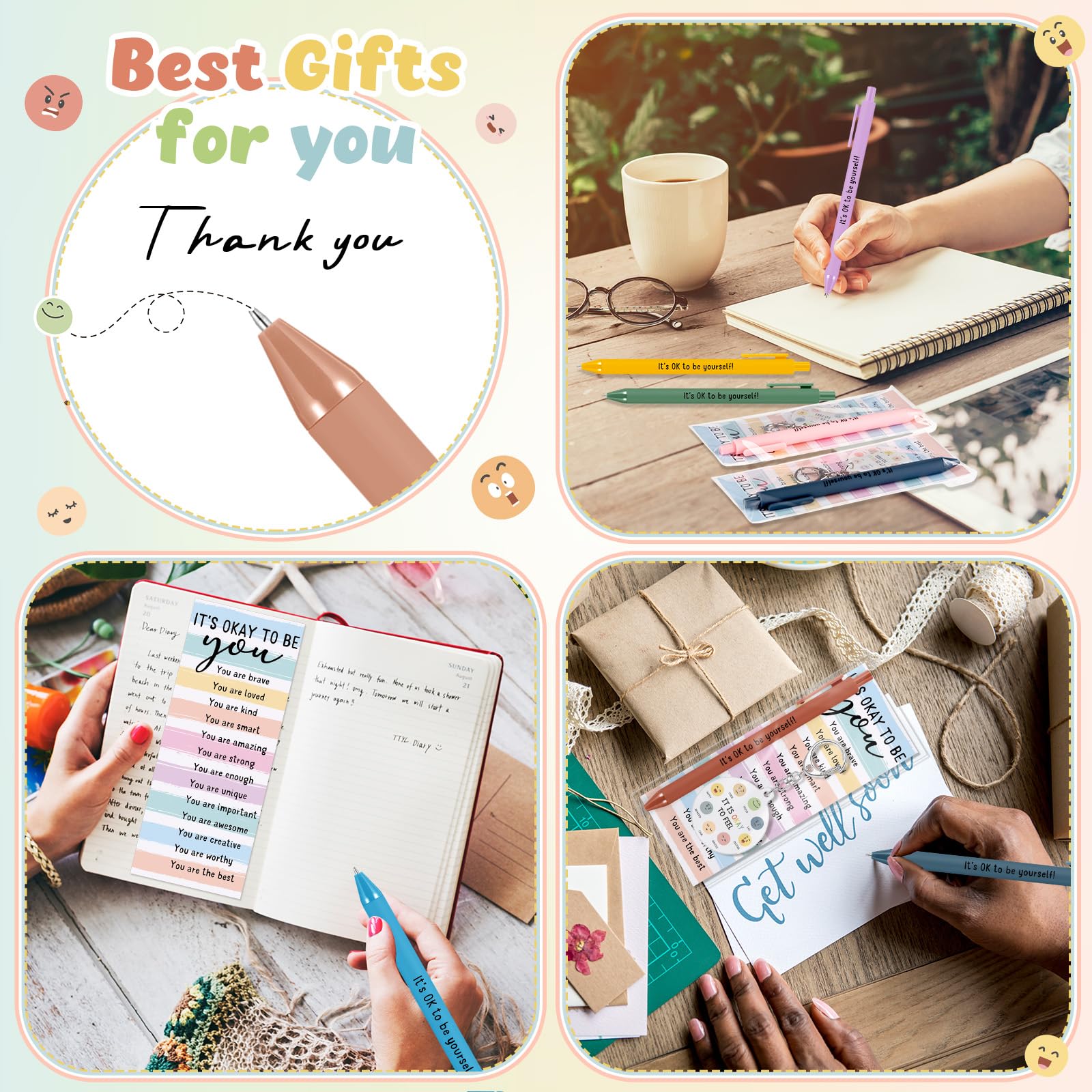 48 Pcs 16 Sets Mental Health Gift Bulk Pastel Inspirational Pens Motivational Funny Emotion Keychains with Positive Cards Employee Appreciation Gifts for Office Staff Coworker Teachers Students
