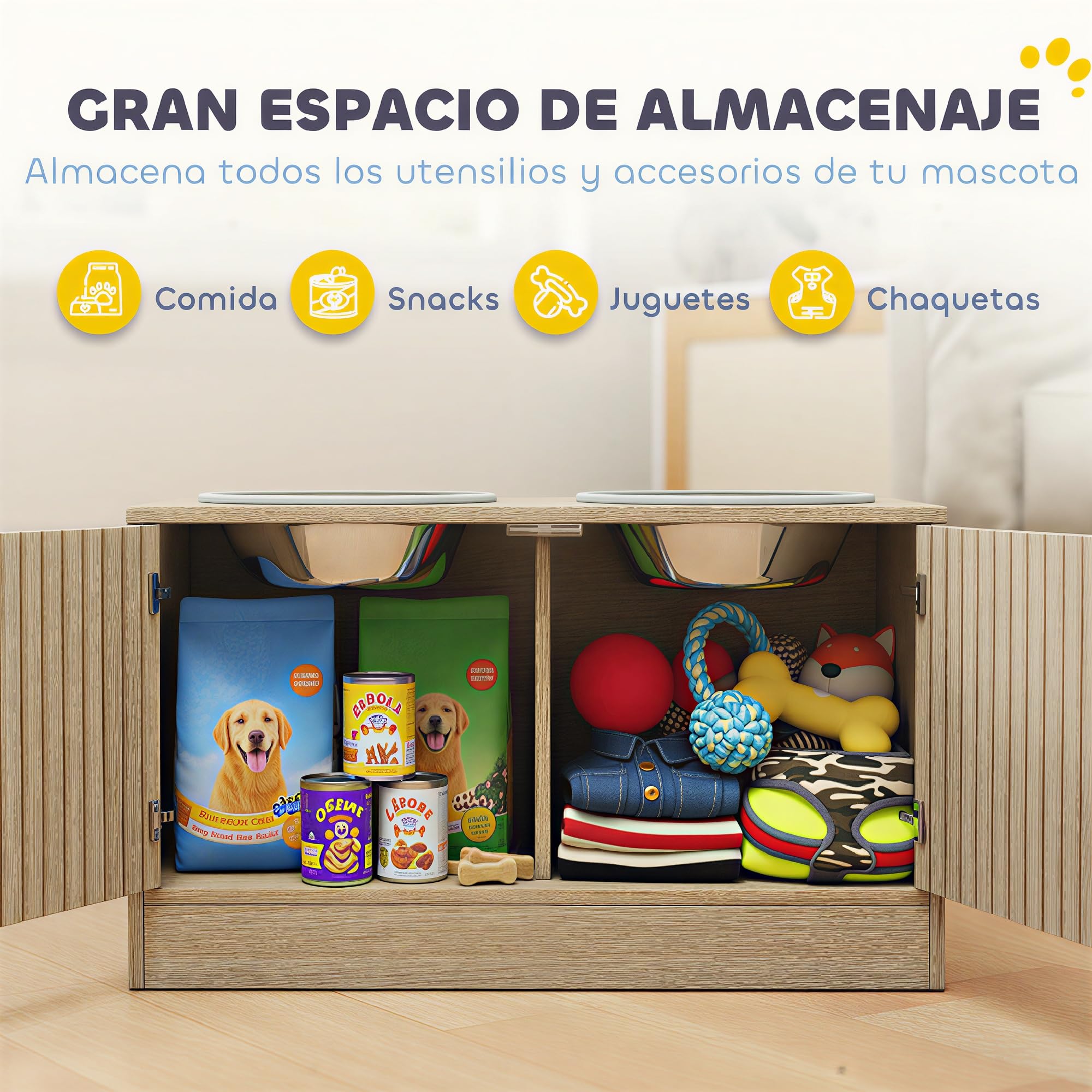 PawHut Comedero Perro Elevado con 2 Cuencos de Acero Inoxidable 2x2000 ml Comedero Lento para Perros Grandes con 2 Puertas, Almacenamiento Oculto, Anillos Antideslizantes, Cuencos Elevados, Roble