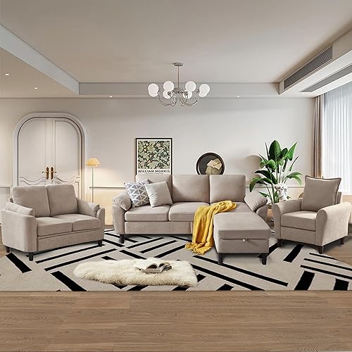 4 Piece Convertible Sectional Sofa Set, Modern Linen Small L Shaped Couch with Reversible Chaise, 3-Seater Sofa & Loveseat & Armchair for Living Room, Office, Apartment, Beige
