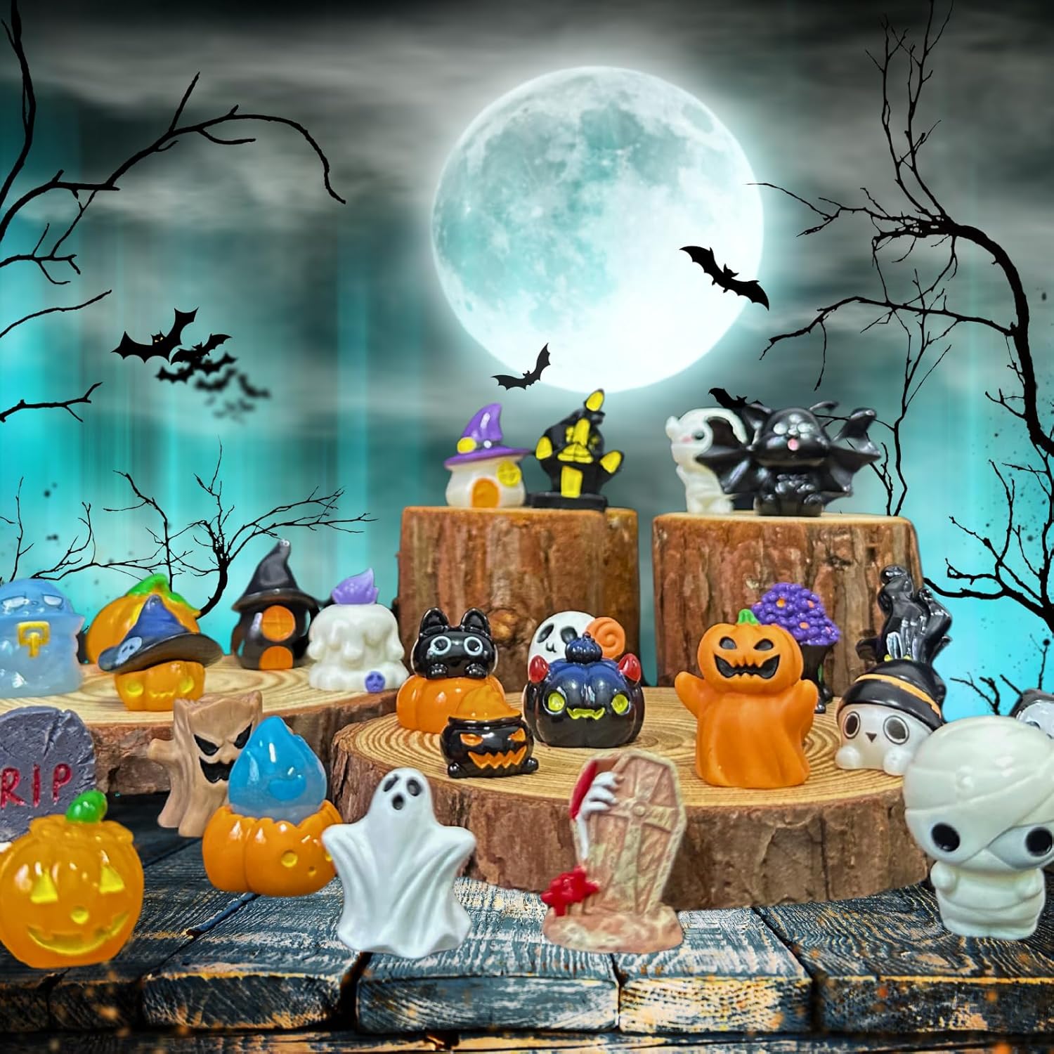 Bellaboro 40ピース ハロウィン ミニレジンフィギュア 40スタイル かわいい 小さな樹脂フィギュア パンプキン ゴースト