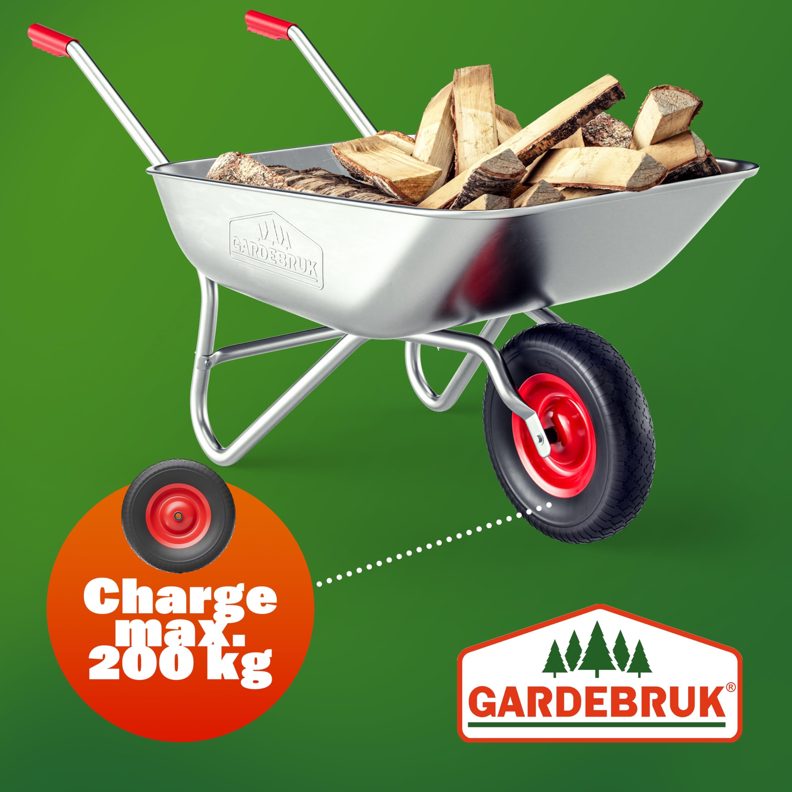GARDEBRUK® Roue de brouette increvable Caoutchouc Plein PU 4.80/4.00-8 Ø390mm Jante Acier 200kg axe Roue de Secours Remplacement brouette Pneu