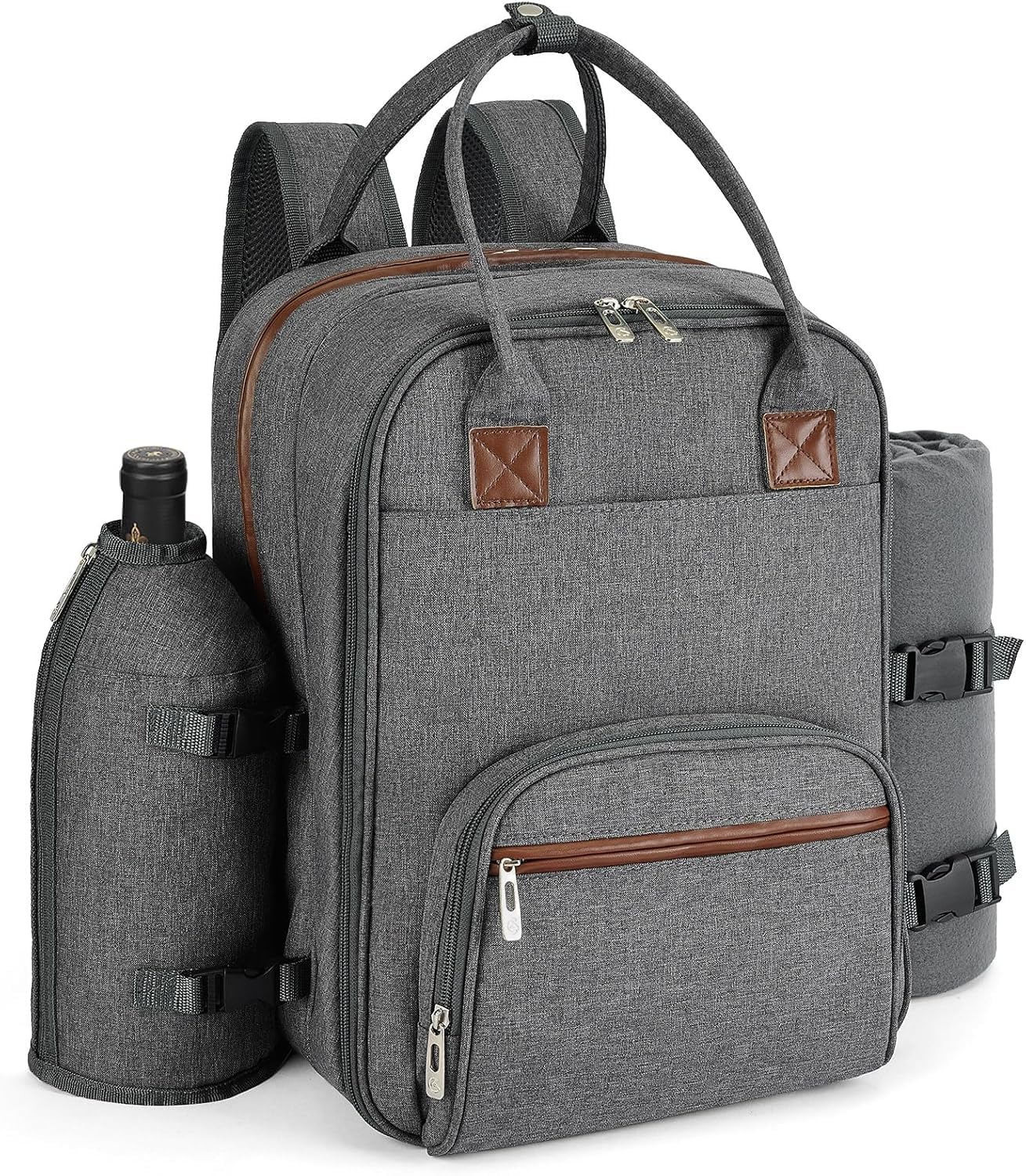 Apollo Walker Picnic Backpack for 4 with Blanket Gray | Insulated cooler compartment, picnic set for four, side cooler, fleece blanket, 600D polyester