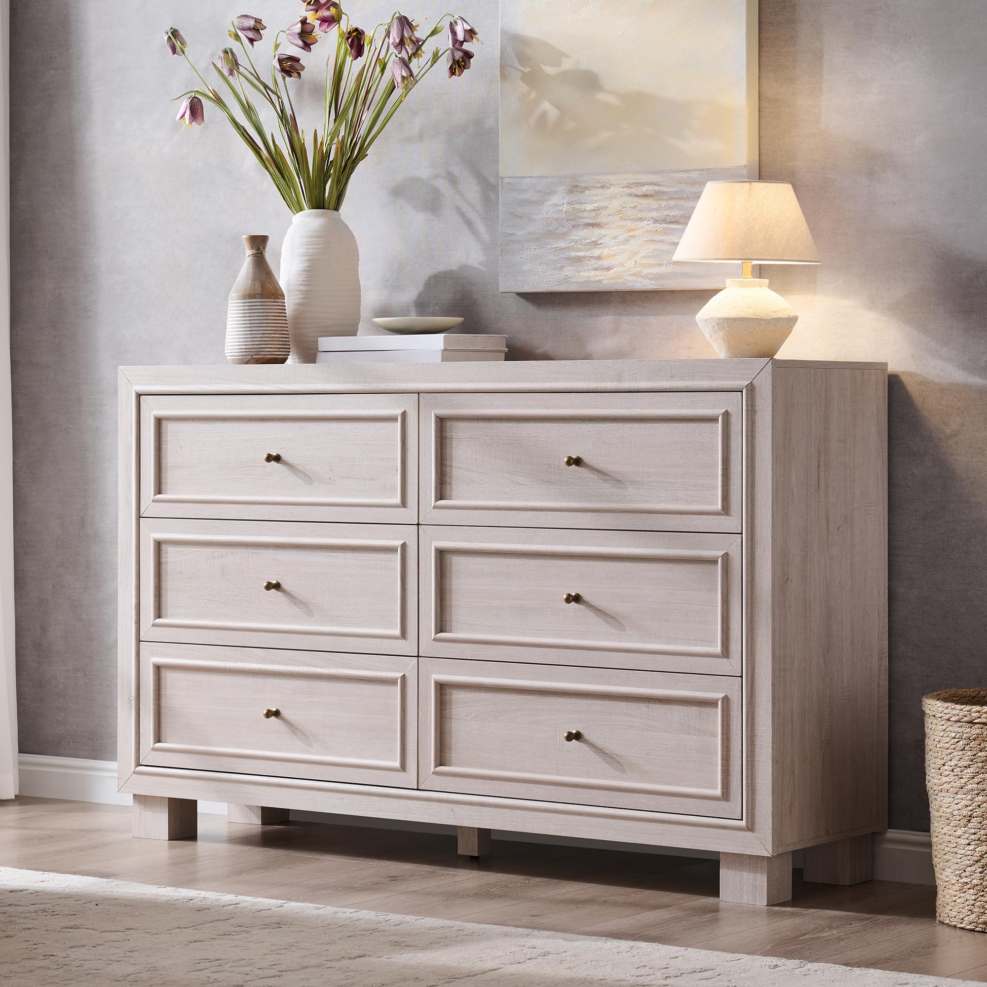 JXQTLINGMU Dresser for Bedroom with 6 Drawers, Two Included Base Styles