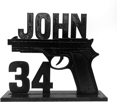 Personalized GUN Birthday Cake Topper on Base with Name & Age for Enthusiast or Military Party Solid 3D Printed Plastic Keepsake Decoration