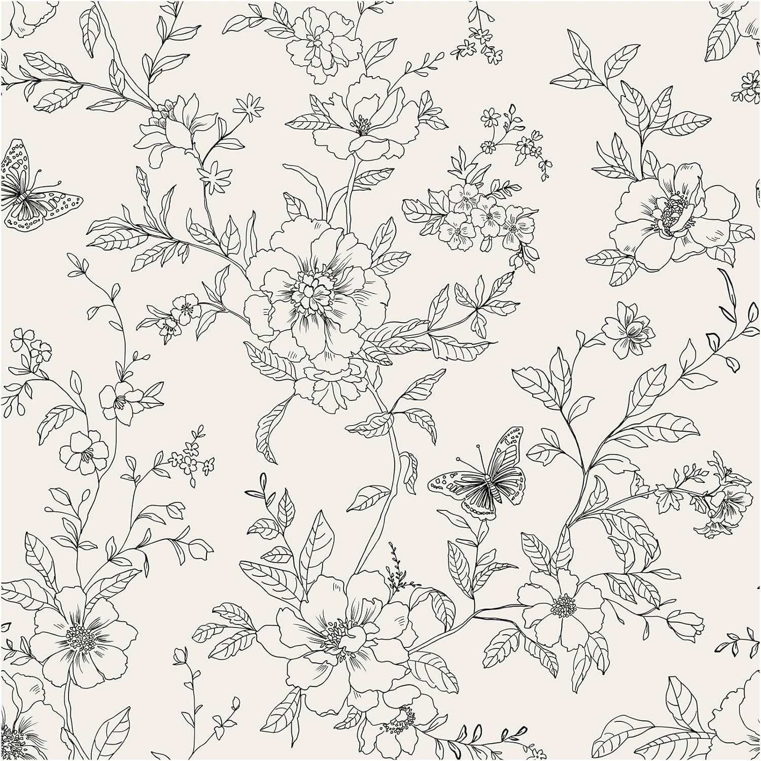 Black and Cream White Floral Wall Paper Peel and Stick Wallpaper Boho 17.3"×393" Vintage Butterfly Flower Removable Self Adhesive Wallpaper for Bedroom Floral Contact Paper for Cabinets Mural Decor