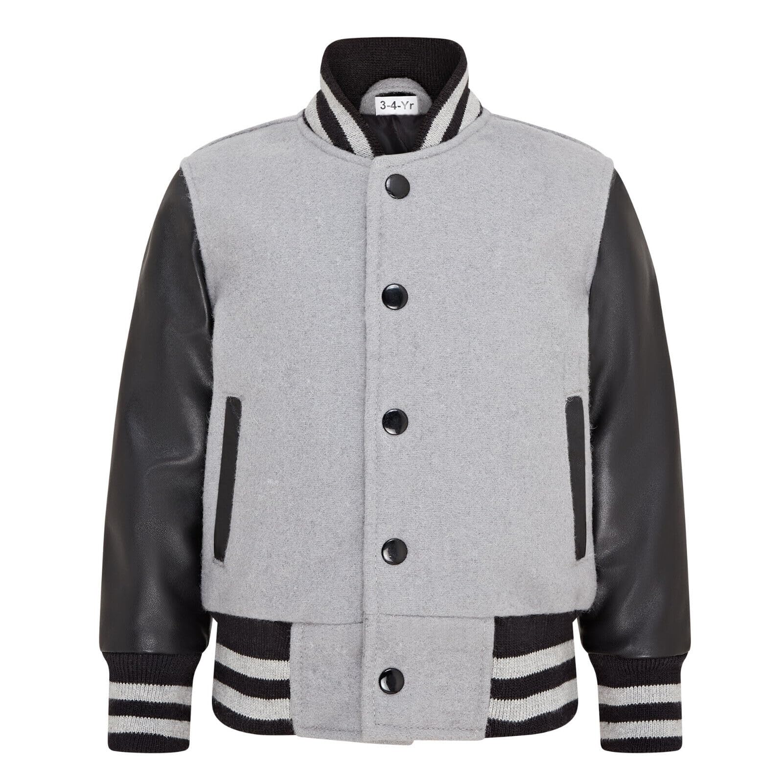 Infinity Leather Grey-Black Kids Grey Wool Varsity Bomber Jacket With Real Leather Sleeves
