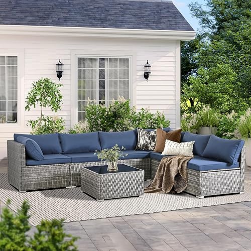 Miniatura 8 de LAUREL CANYON Sofá seccional, juegos de conversación de mimbre gris, cojines de 3 pulgadas de grosor, azul marino