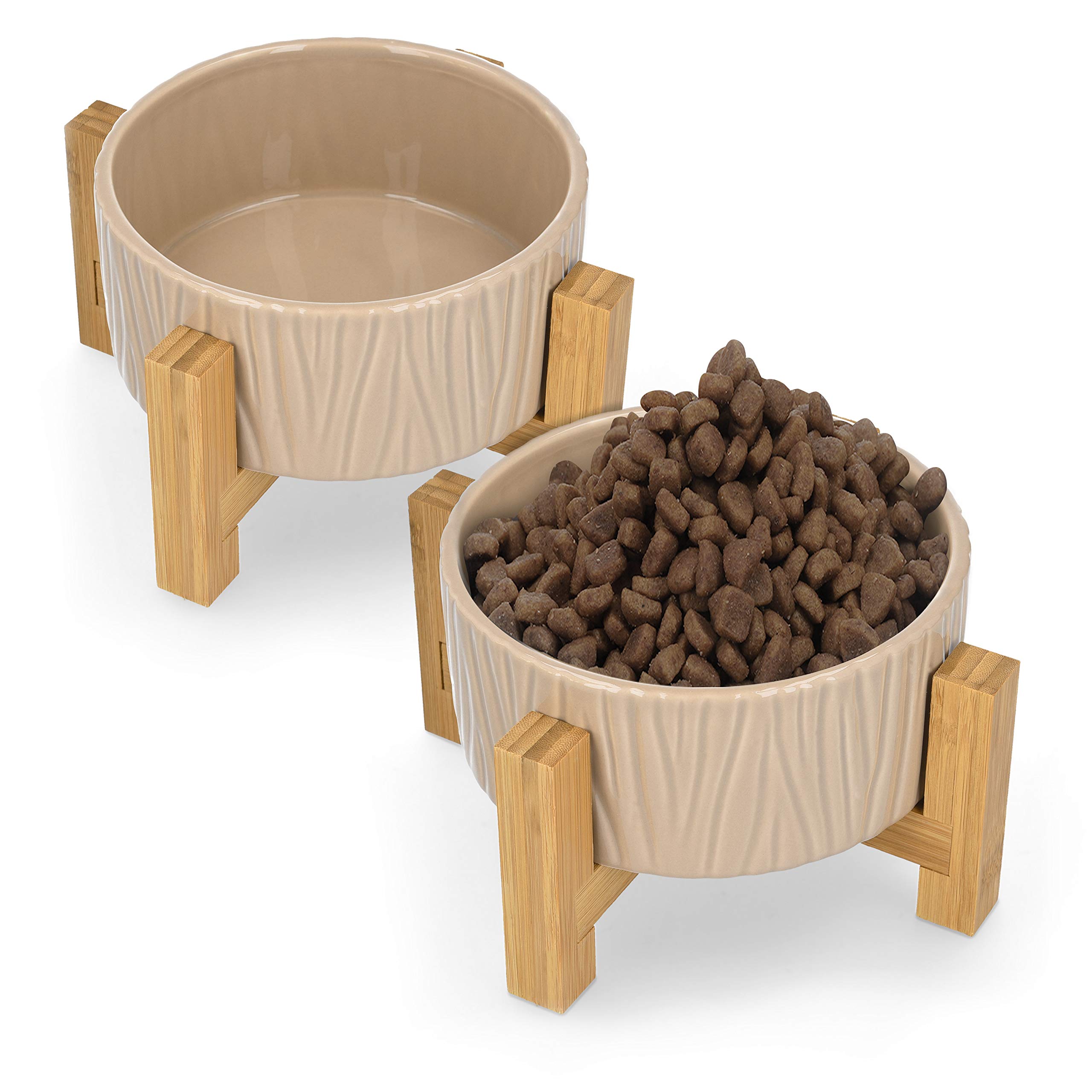 Navaris 2X Bol Elevado para Mascotas - Comedero y Bebedero de cerámica para Perros y Gatos - Boles elevados con 2X Soporte de bambú Antideslizante