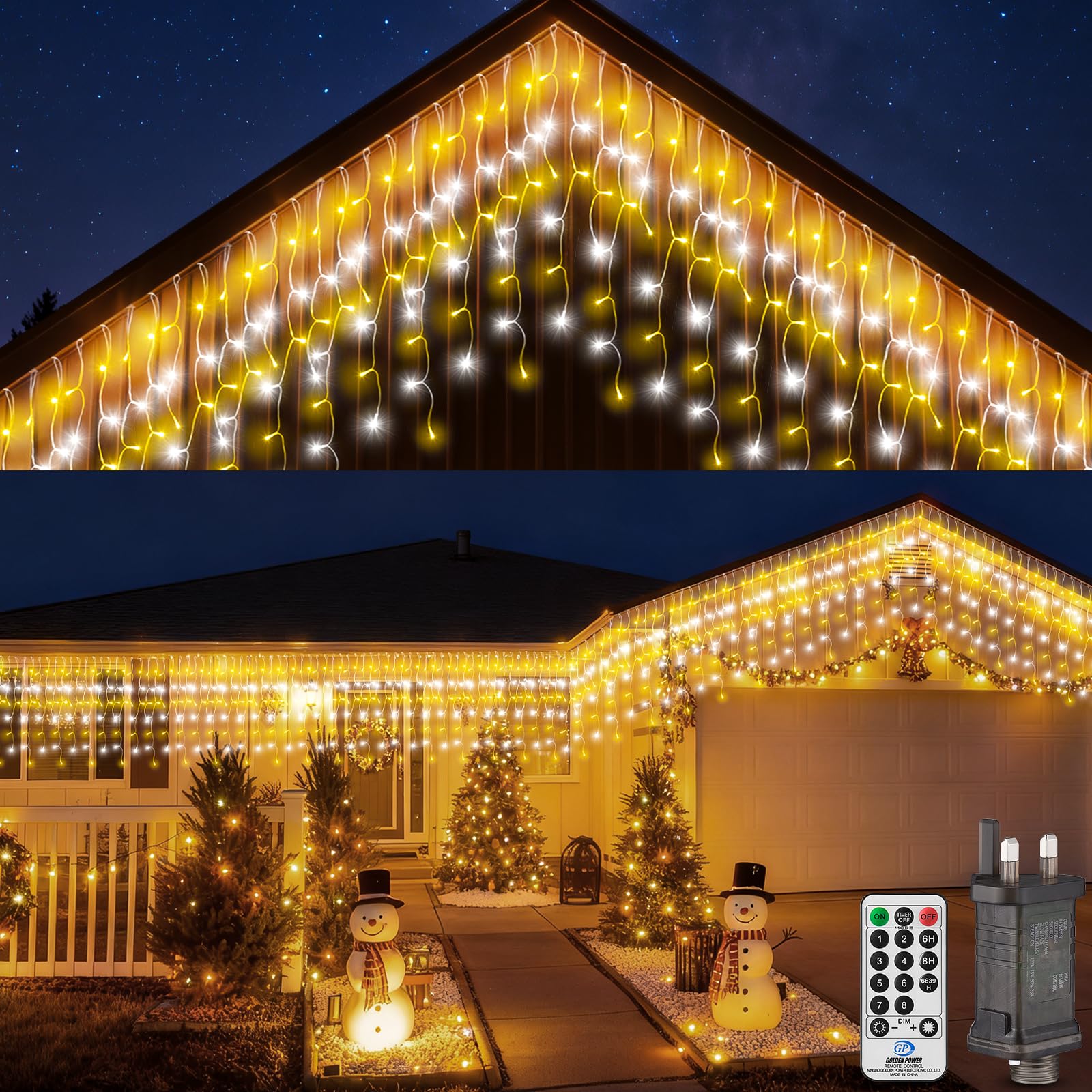 UIONVO Icicle Lights Warm White Outdoor - 10M Outdoor Icicle Christmas Lights Mains Powered Waterproof Christmas Gutter Light for Roof Indoor Window Garden