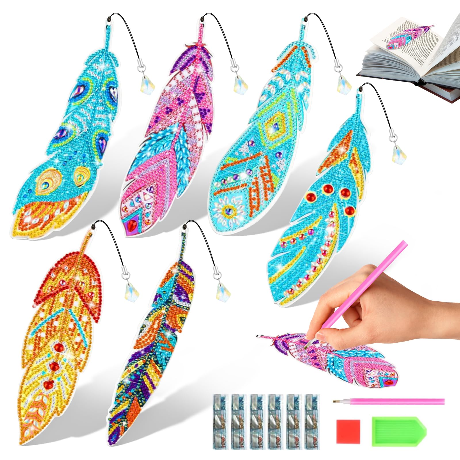 6Pcs Diamond Painting Bookmarks Kits, 5D DIY Art Feather Bookmark with Crystal Pendant, Arts and Crafts Kits for Kids Adults Girls Woman