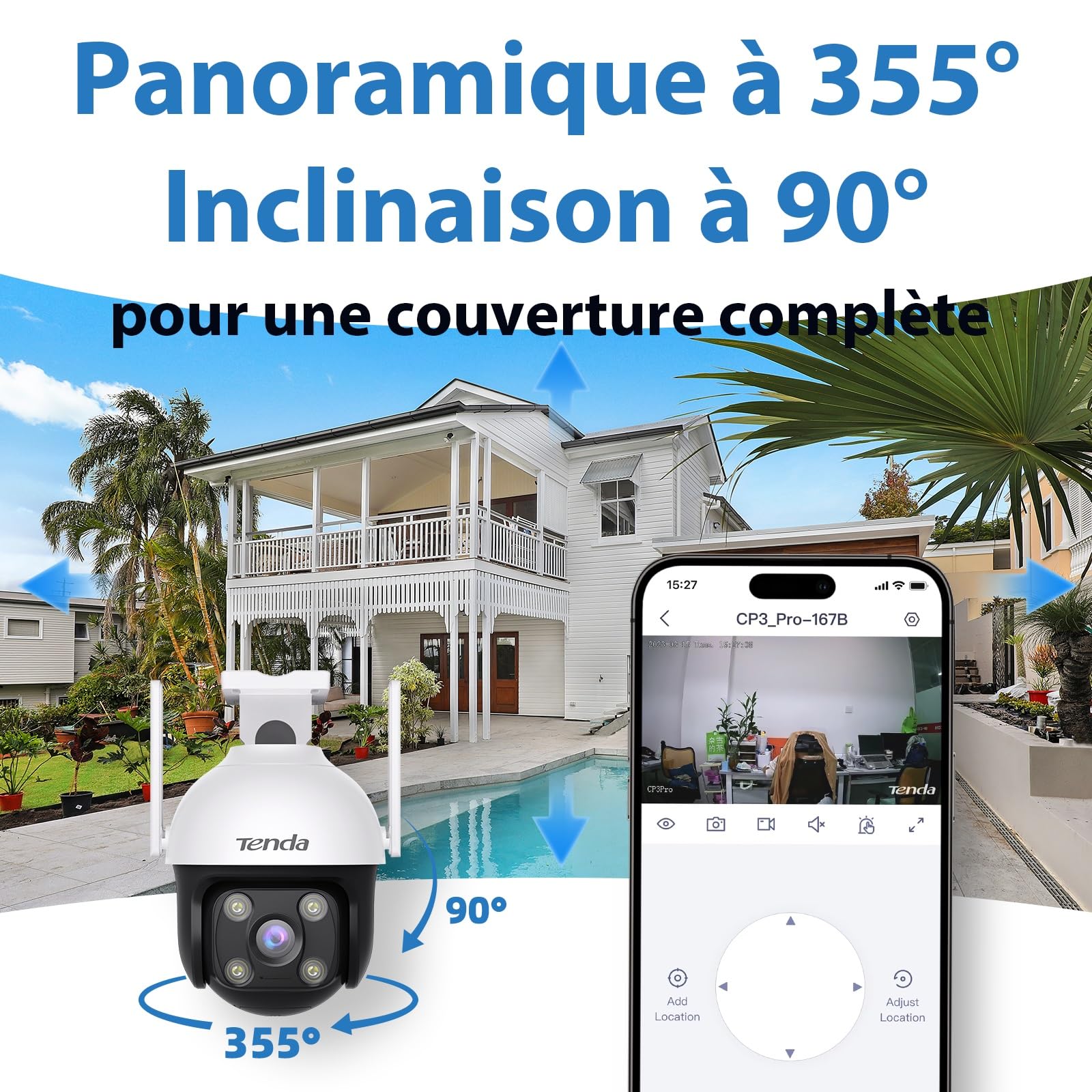 Tenda 2.5k Camera Surveillance WiFi Extérieure, Caméra IP 360° sans Fil Étanche, Vision Nocturne en Couleur, Audio Bidirectionnel, Détection de Mouvement et véhicule, Micro Carte SD, Alexa (CH7)