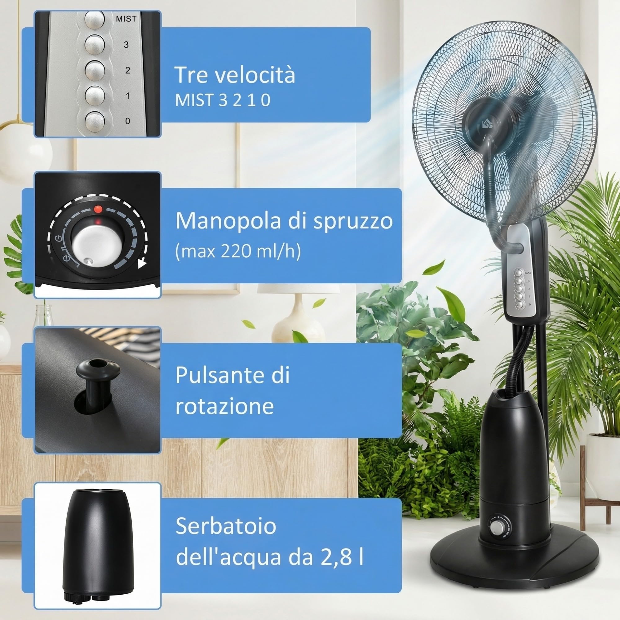 HOMCOM Ventilatore Nebulizzatore 90W con 4 Velocità e Serbatoio 2.8L, Ventilatore a Piantana con 4 Ruote, Metallo PE ABS, 44.5x44.5x120 cm, Argento e Nero