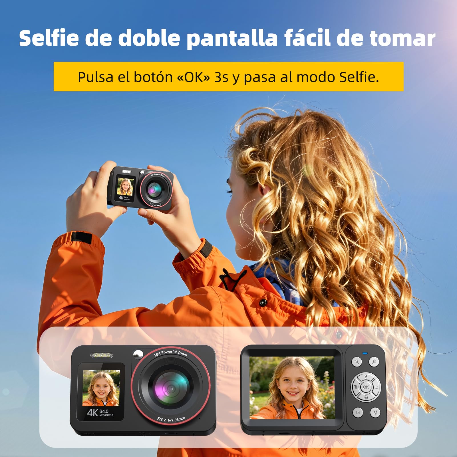 Cámara de Fotos Cámara Digital 4K 64MP, Cámara Digital Zoom 18X, Cámara Compacta con Tarjeta de 64GB y 2 Baterías, Recargable Compacta Portátil Cámara para Niños Principiantes, Negro