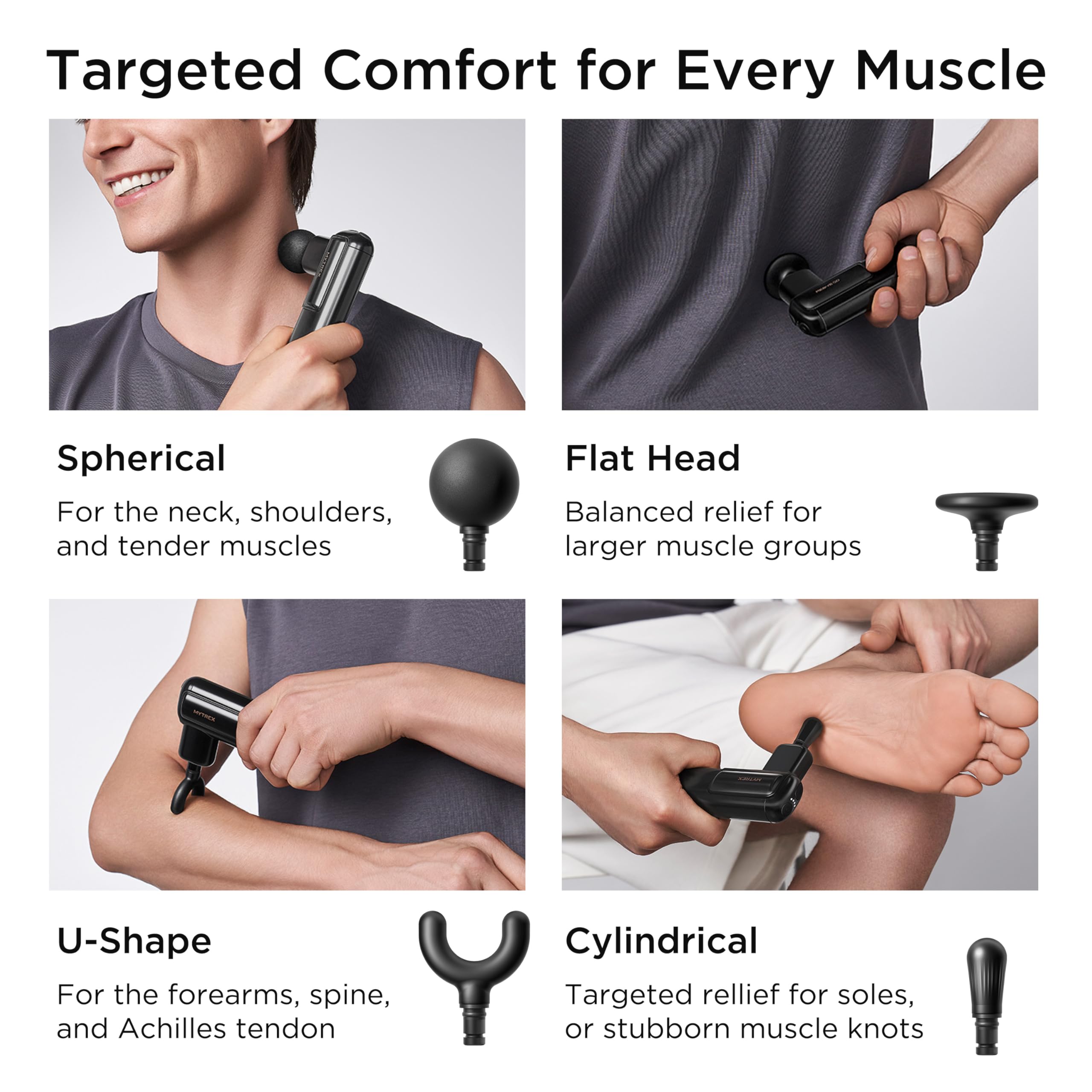 MYTREX Mini-Massagepistole, tragbares Tiefengewebe-Percussion-Massagegerät mit 4 Köpfen, ultra-leise, leicht, 205 g, für Nacken & Rücken, Zuhause, Büro & Reisen (Schwarz)