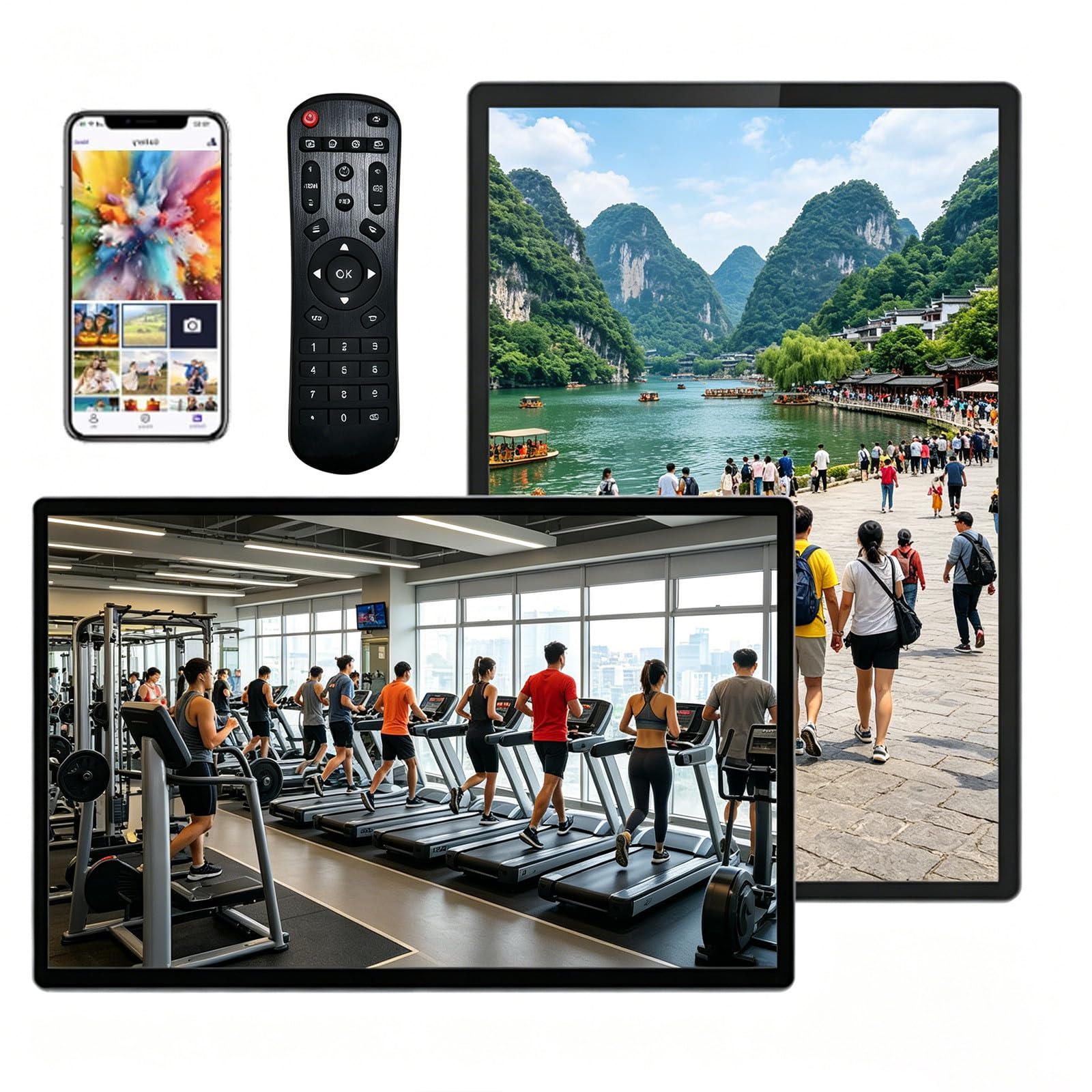 Giuggiolared Digital Signage Player Screen, Non-Touch Full-Color LCD Display Board for Retail Store Advertising, 24/7 Smart Automation Power & Brightness Control, Multi-Zone Split Playback 27in