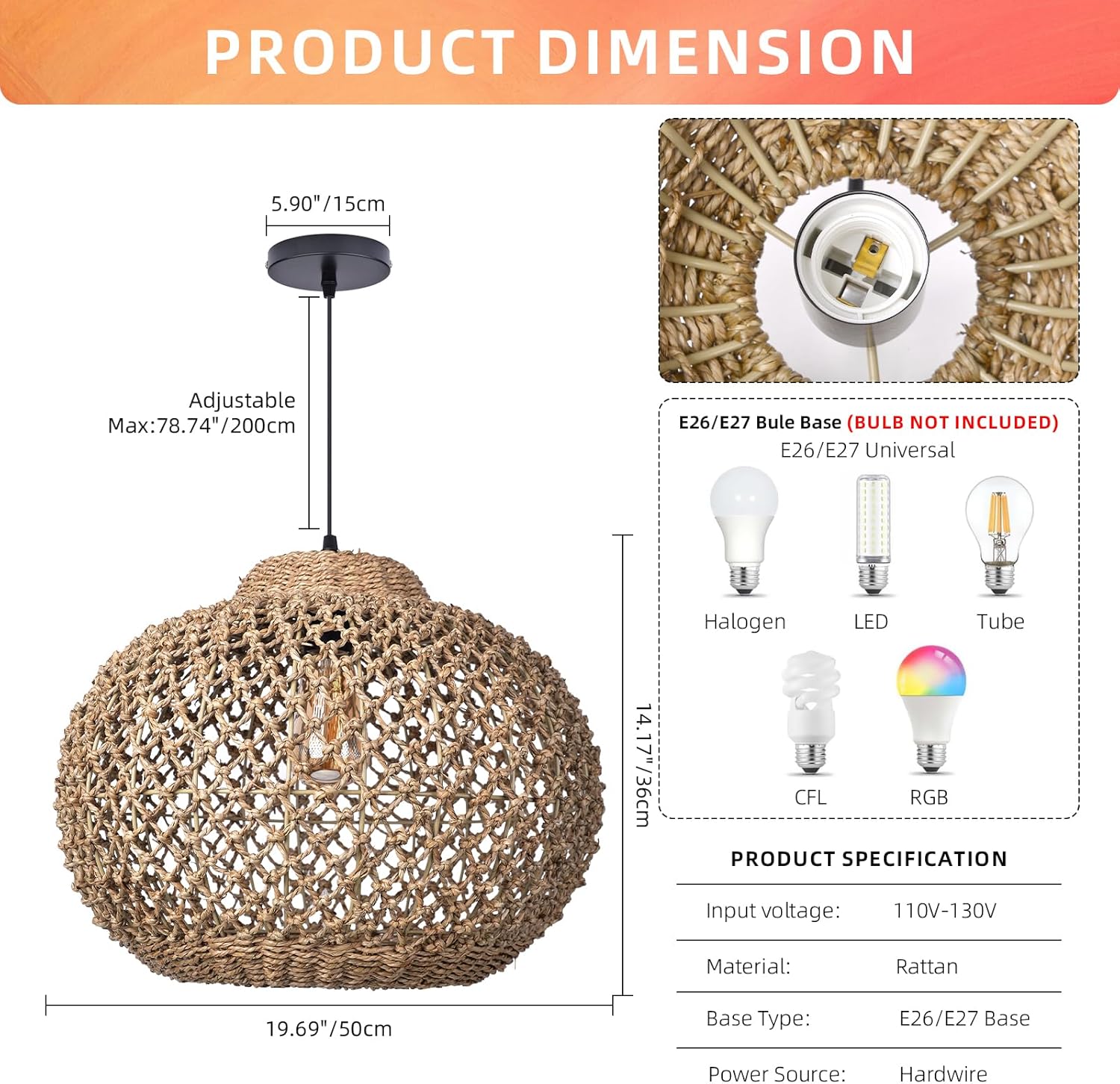 Arturesthome Boho Round Pendant Light,1-Light Rattan Chandelier Hand-Woven Wicker Pendant Light Coastal Beach Ceiling Hanging Light for Kitchen Island Living Room W 19.68"