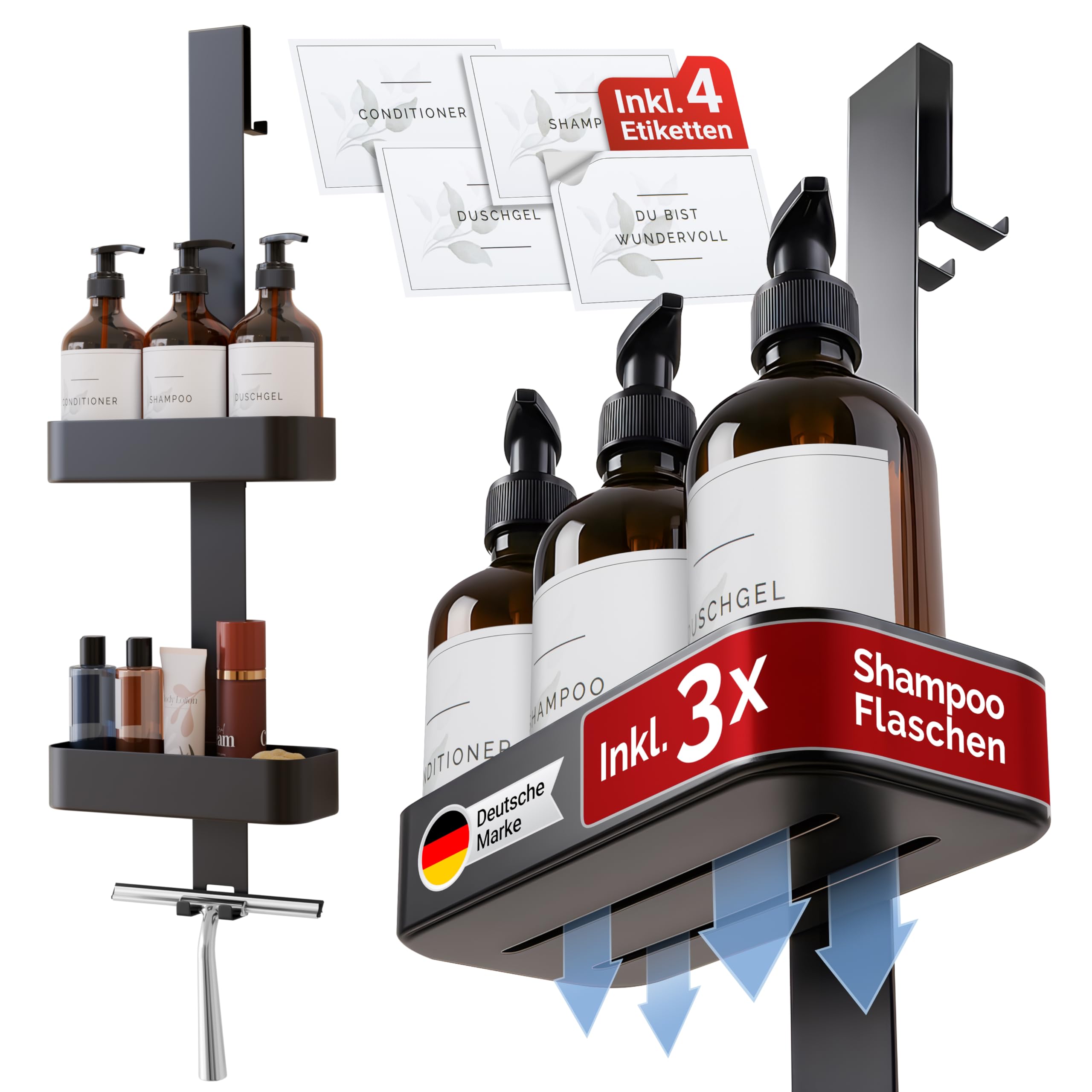 Duschablage zum Hängen inkl. 3 Shampoo Flaschen | Dusch Ablage aus rostfreiem Edelstahl | Duschkorb zum hängen für dein Spa-Feeling im eigenen Bad | Duschregal ohne bohren | Shower Shelf