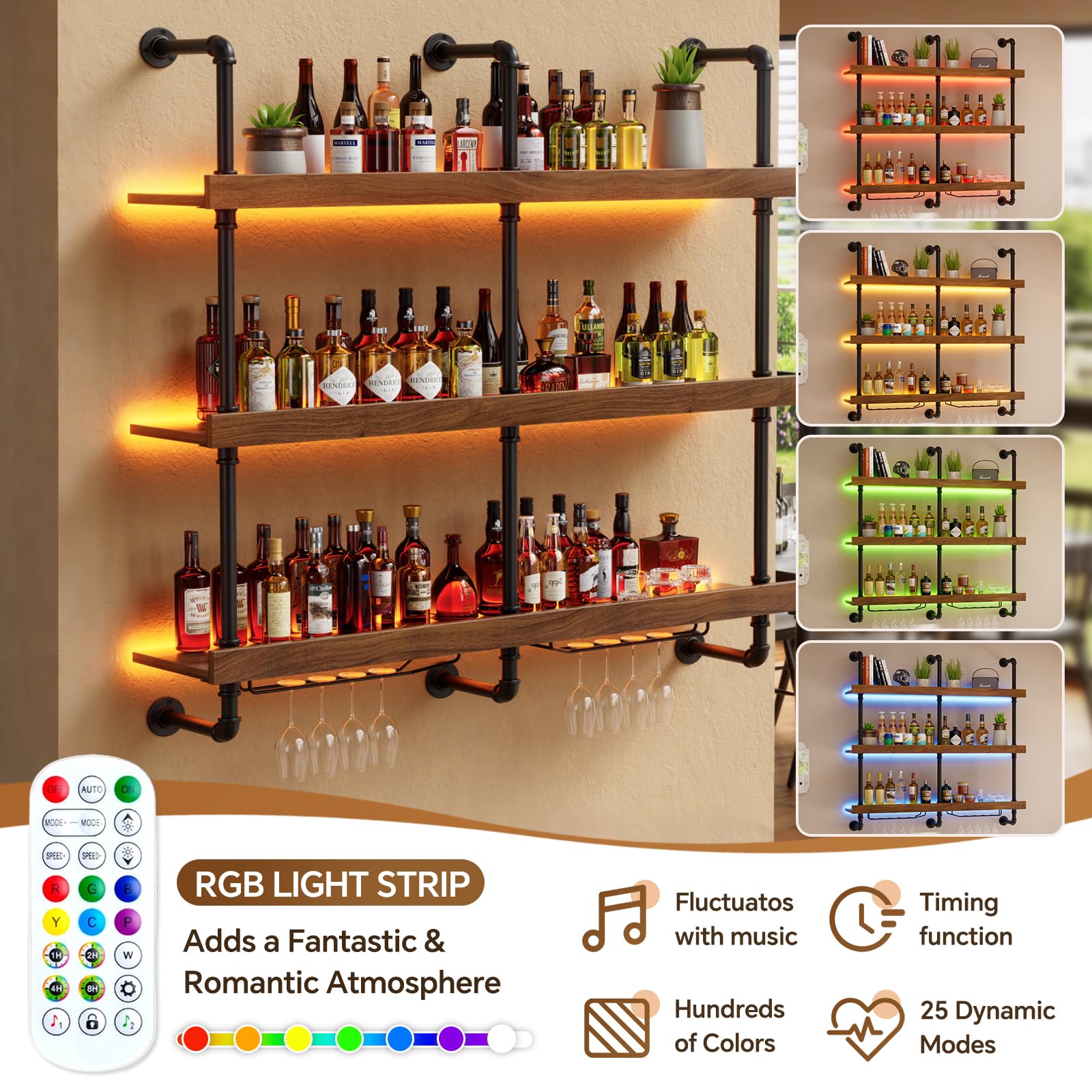 Weinregal Wand Mit LED-Licht & Glashalter Weinregal für Die Wand aus Metall & Massivholz 3-stöckig Weinhalter Metall Hängend Aufbewahrungsregal Ideal für Bars,Weinkeller,Küche,Restaurants 25*120*120CM
