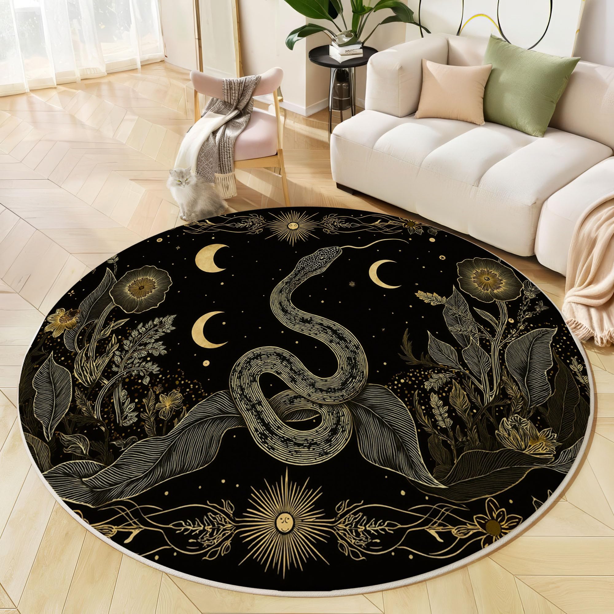 Tapis rond de salon serpent doré et ciel étoilé noir | Ø 100 cm antidérapant