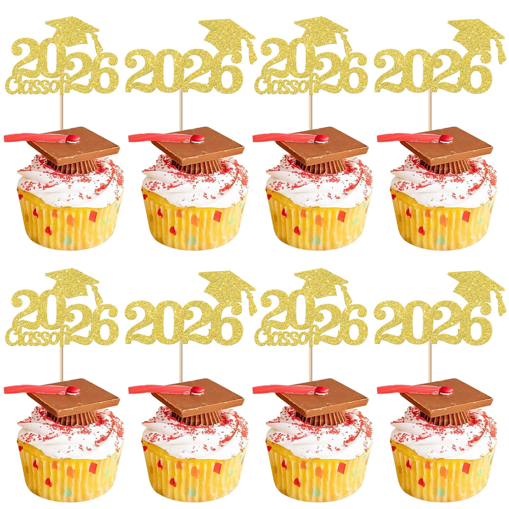 Xsstarmi 24 Pack 2026 Graduation Cap Cupcake Toppers Glitter Class of 2026 Grad Cap Cupcake Picks for So Proud of You 2026 Graduation Theme Party Cake Decorations Supplies Gold