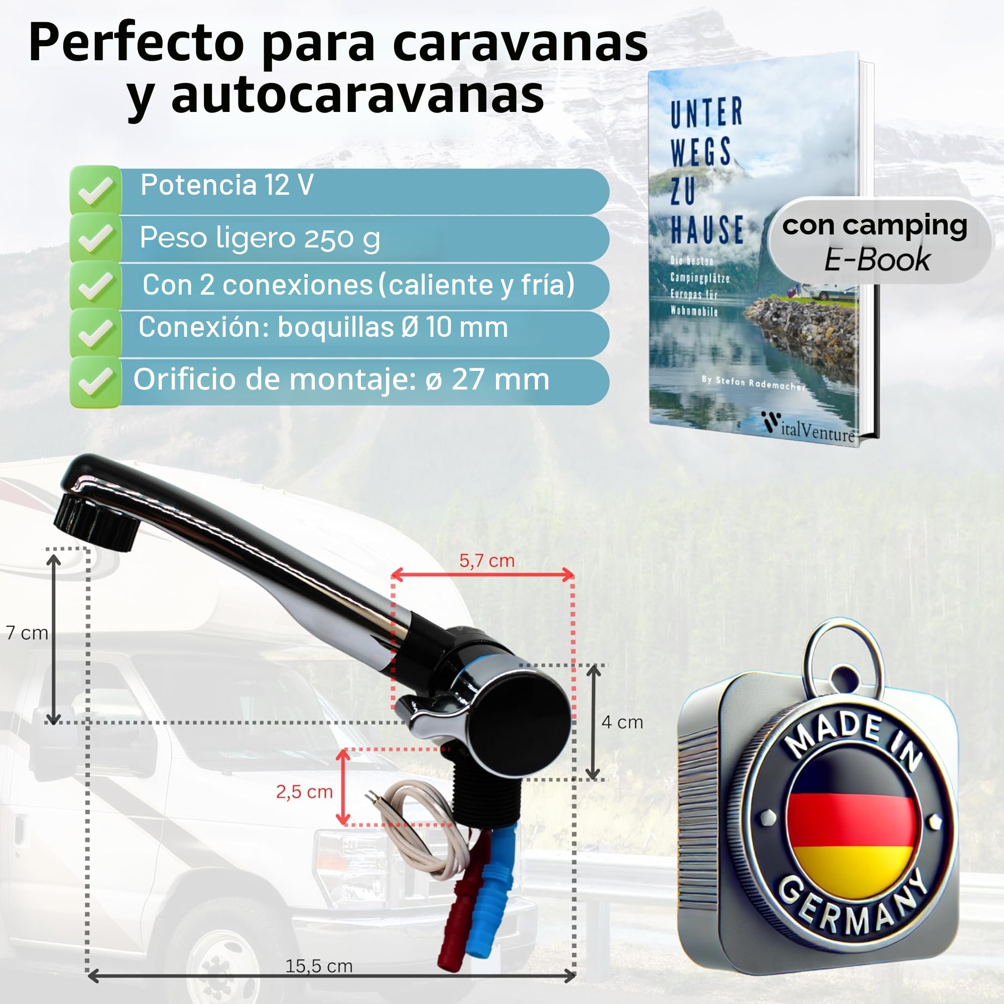 Comet Grifo de camping 12V London para autocaravana - Con 2 conexiones (agua caliente y fría), negro/cromado, grifo compacto con bomba, ideal para lavabo