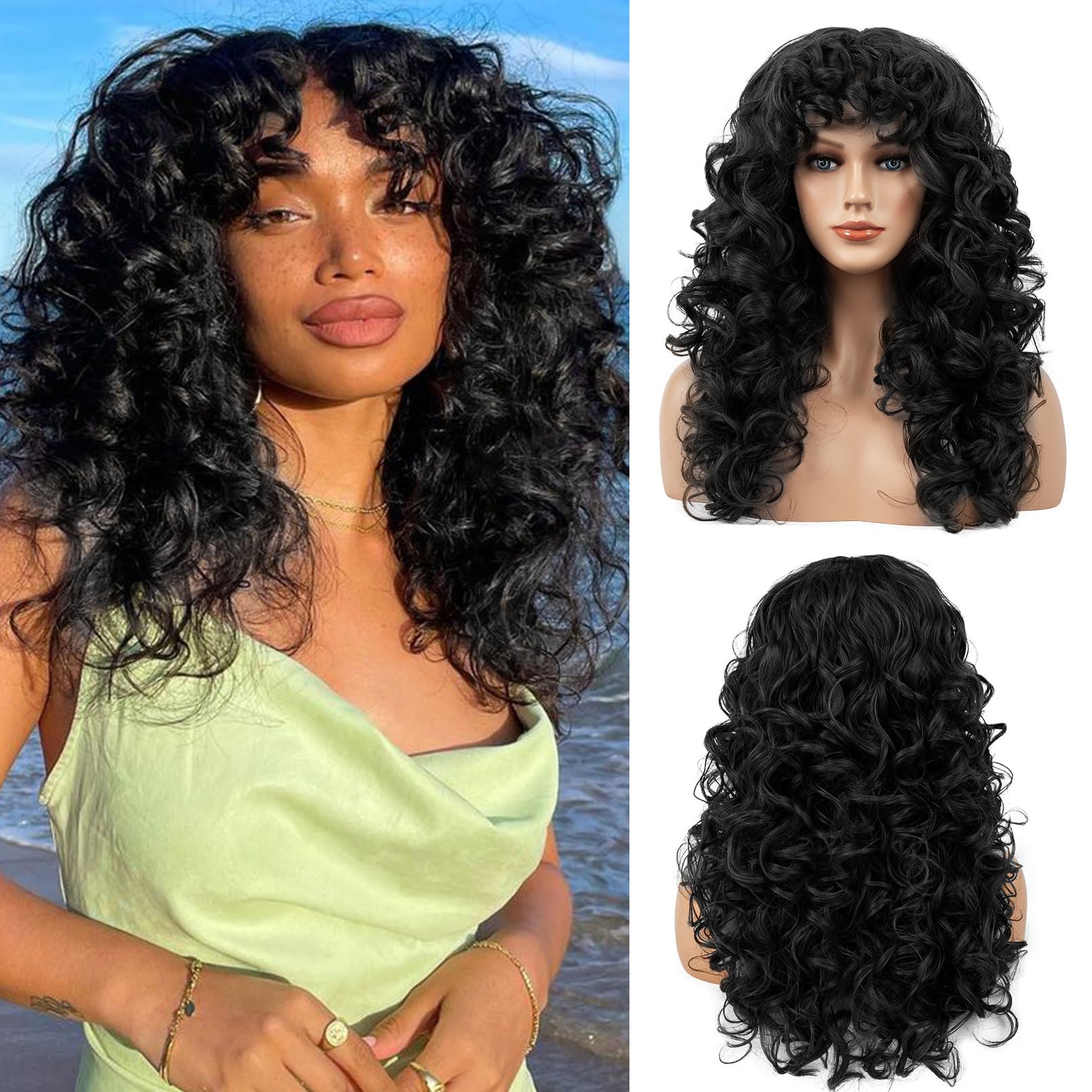 FLUFYMOOZ Curly Wig with Bangs for Women 20 Inch Natural Black Curly Gorgeous Shag Hair Wig