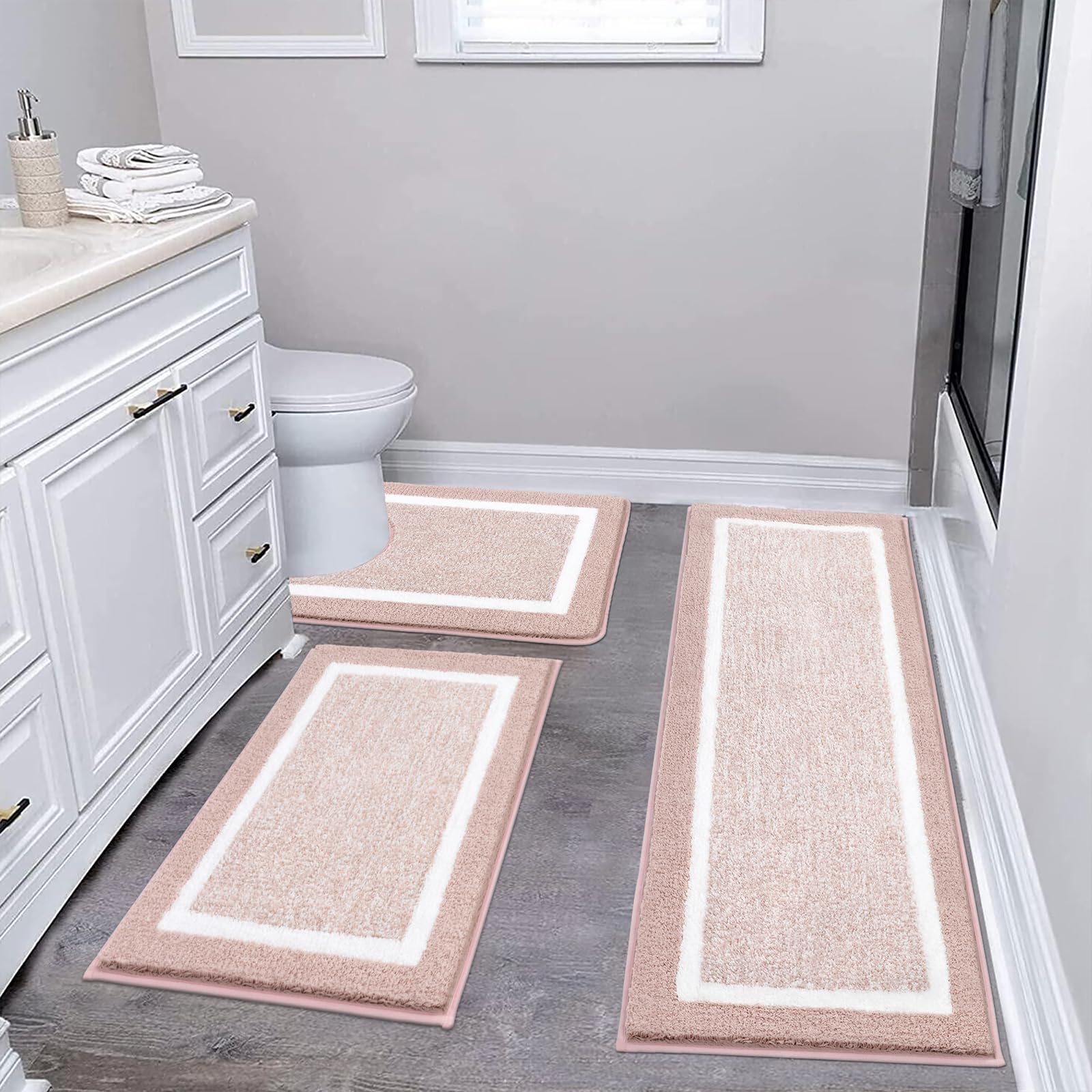 Pauwer - Juego de 3 alfombras de baño antideslizantes, absorbentes y peludas, incluye contorno de váter en forma de U, para baño, dormitorio, sala de estar, rosa polvoriento