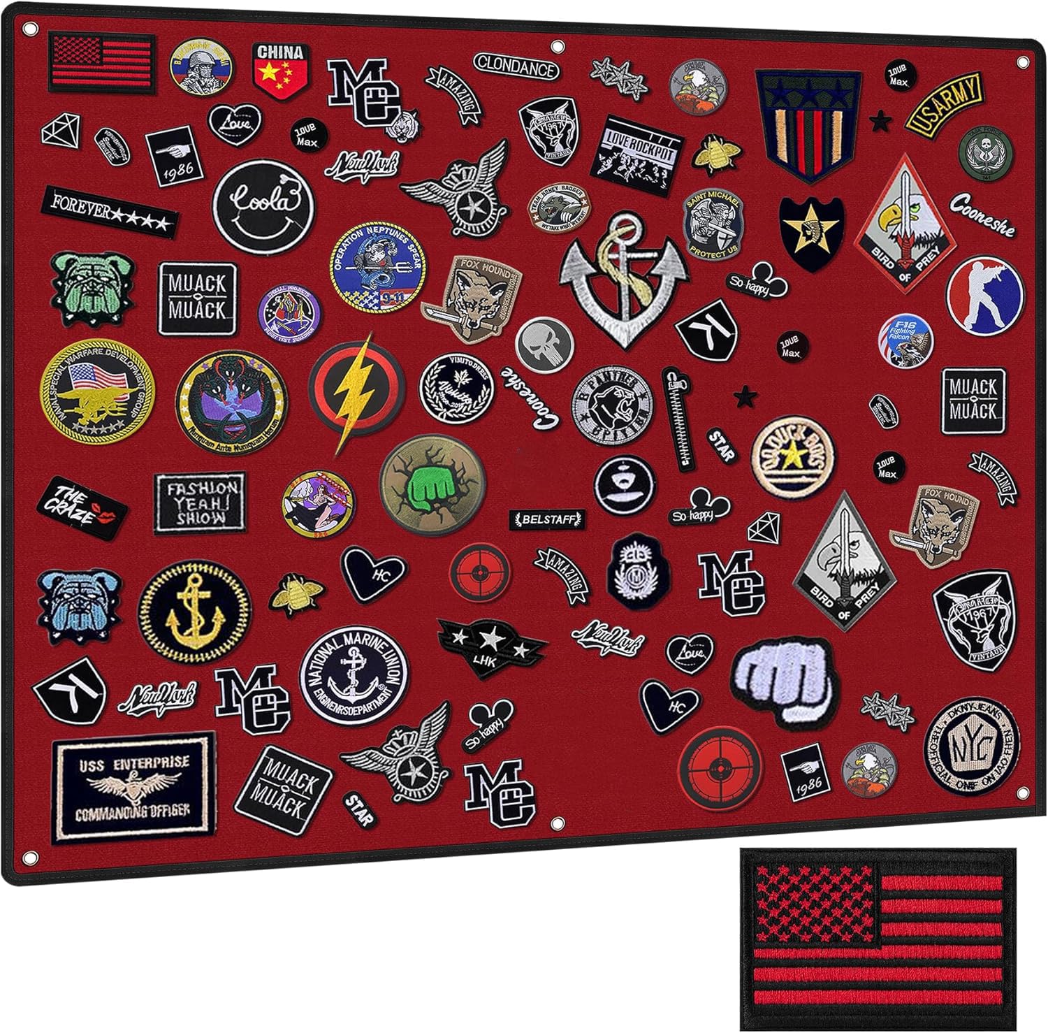 IronSeals Tactical Board Patch Organizer Holder Display with Loop Surface, Steel Ring and Flag Patch (M: 85 x 70CM/ 33" x 27.5" x 17.7", Red + Flag