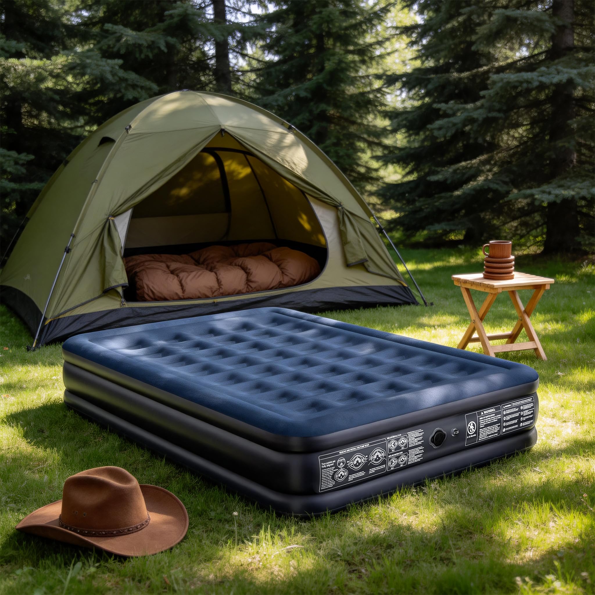 YRHome Aufblasbare Luftmatratze mit Pumpe | 2 Personen 203×152cm | Bis zu 300kg Tragkraft | Schnell Aufgeblasen in 3 Min | Klappbar mit Tragetasche | Campingmatratze & Gästebett | Dunkelblau