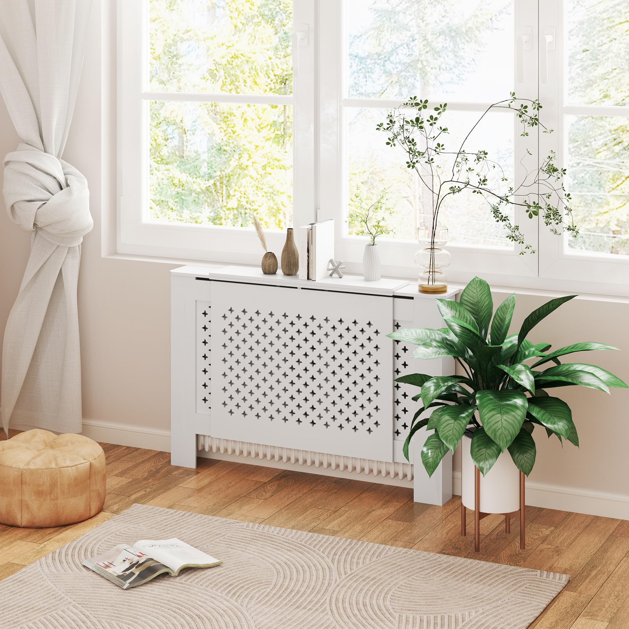 HOMCOM Copriradiatore regolabile contemporaneo a nido d'ape 136-200 x 21,5 x 91,7 cm Copriradiatore in legno per camera da letto, soggiorno - bianco