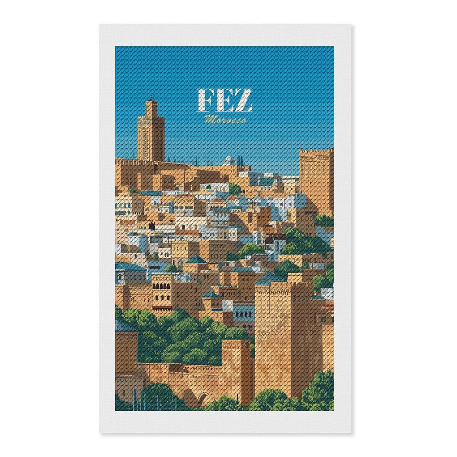 Junmoney Fez, Morocco Cityscape Illustration(2) DIY Diamond Art Canvas Kit 12"x20", Adhesive Canvas, Easy to Enjoy, Farmhouse Decor, Festive Craft Gift