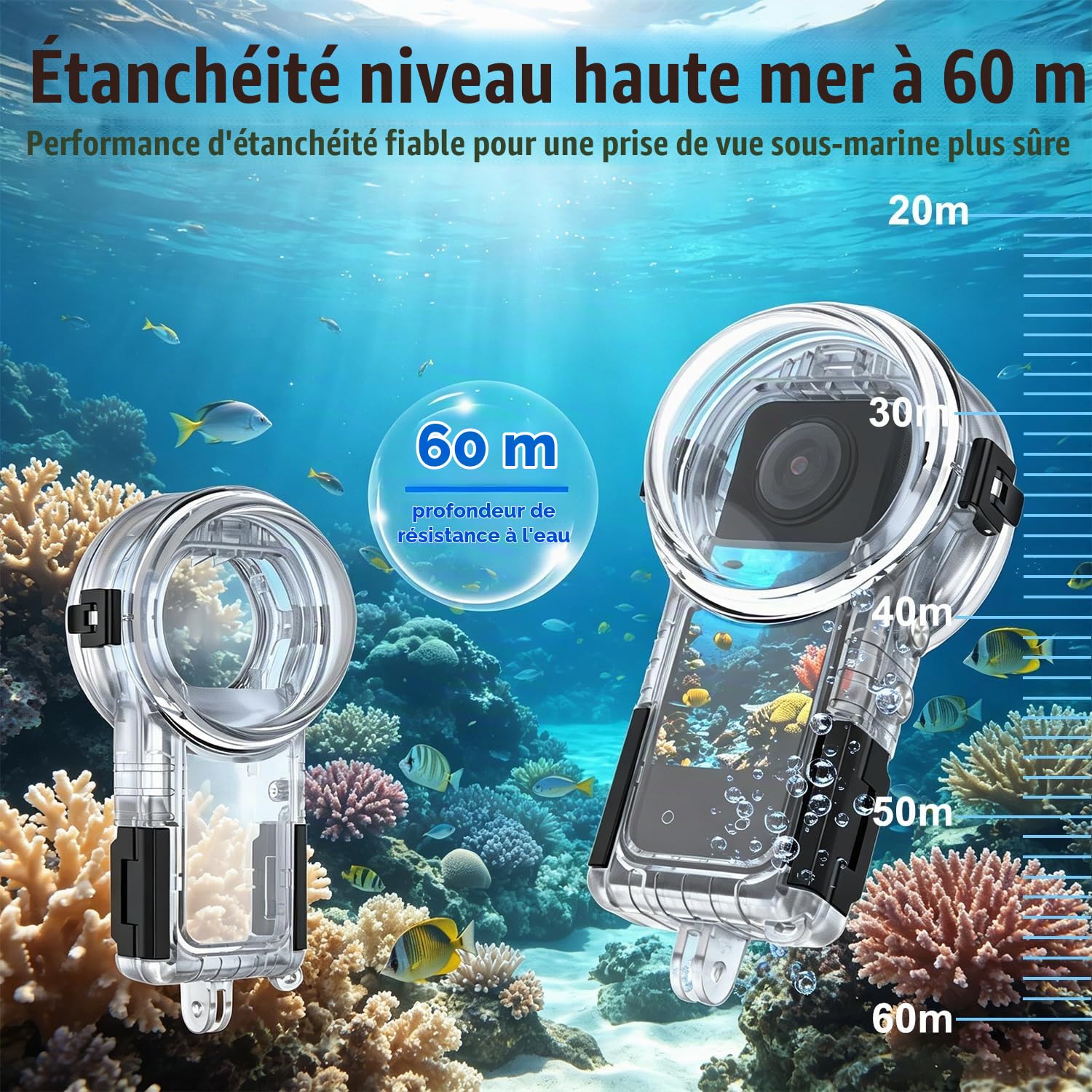 60m Invisible Étui Plongée Compatible avec Insta360 X5（Rouge-Orange） | 196 ft Depths étanche Boîtier, Anti-Buée, Anti-Buée 360° sous-Marine Protection, Plongée Surf Plongée Tuba Ski-Rouge-Orange