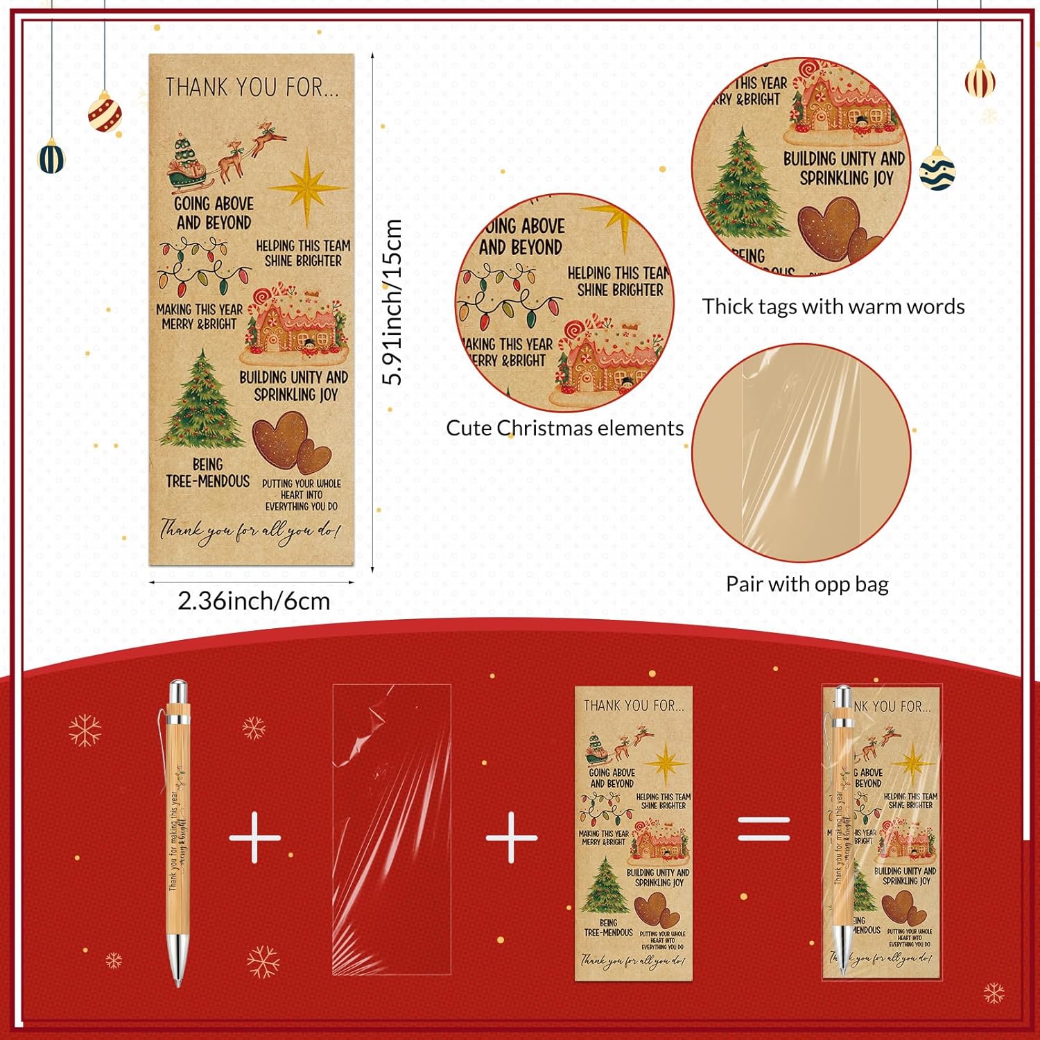 Tenceur 48 Sets Christmas Staff Gifts Bulk Thank You Pen Merry Bright Cards Team Christmas Bulk Gifts for Employees Coworkers Team Members at Work Staff Office Holiday Presents Stocking Stuffers