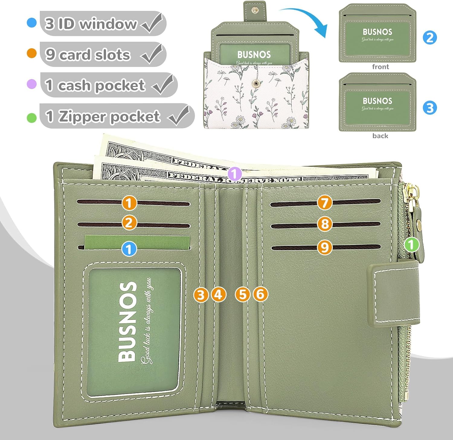 Women's Wallet Small Wallets for Women Cute Flower Ladies Women's Wallets Green Bifold Wallet Womens With Zipper Coin Pocket Purses Card Holder Women - Image 3