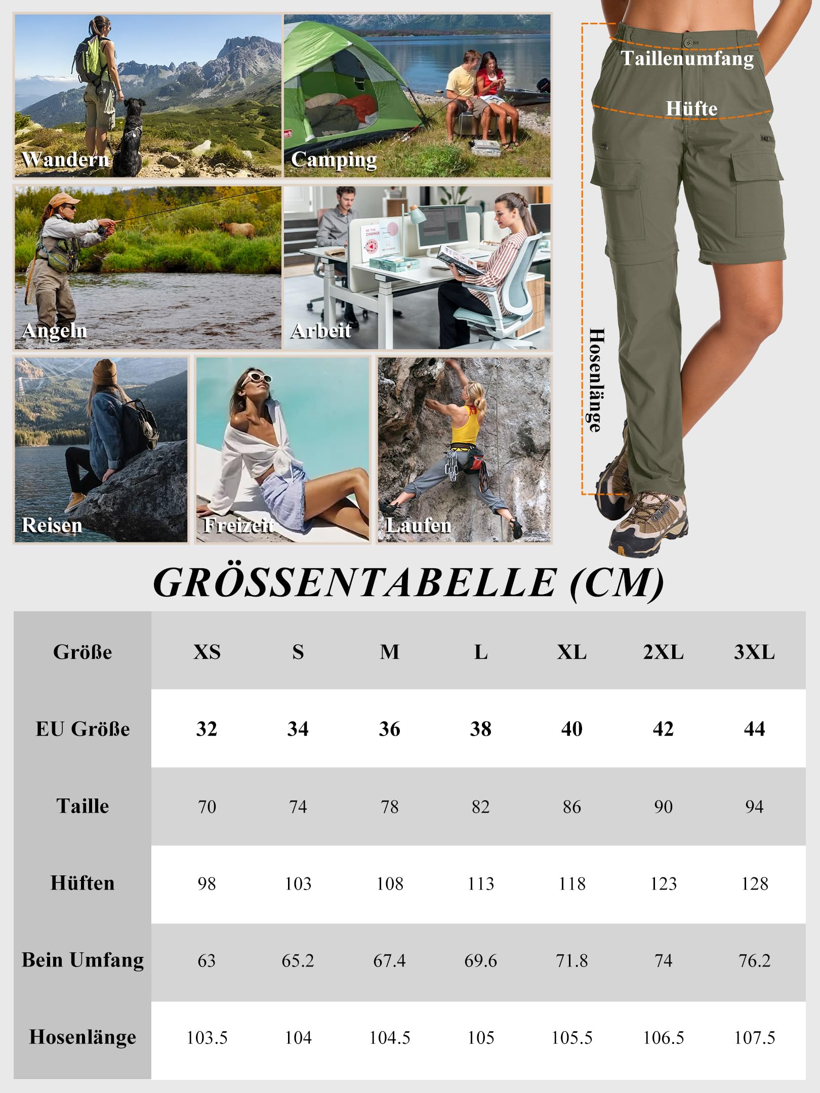 Damen Zip-Off-Wanderhose, Leichte Trekkinghose Atmungsaktiv Schnell Trockend Safari outdoorhosen Sommer Arbeitshose Funktionshose