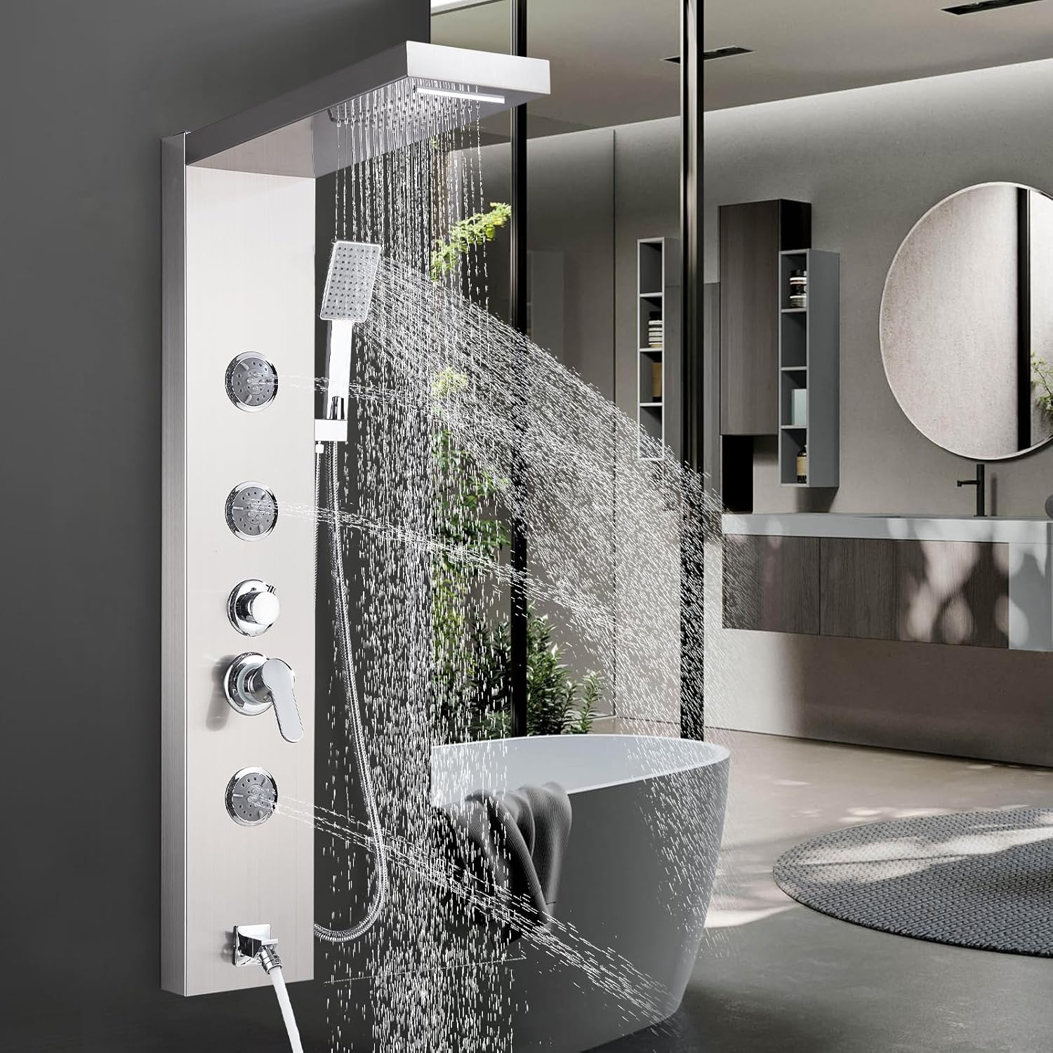 AlenArt Shower Panel Massage Jets Rainfall Waterfall Shower Head, Shower Stainless Steel Wall Mount Massage Multi-Function Bathroom Shower Panel Tower System, Brushed Nickel……(missing hand held sprayer)