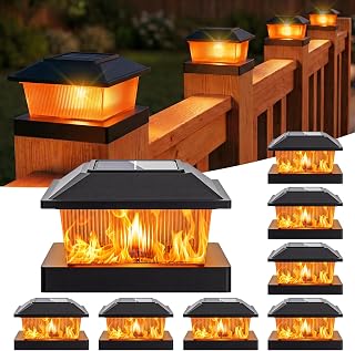 btfarm 4x4 Solar Flame Post Cap Lights, 8 Pack Fence Deck Post Light, Black | Outdoor Solar Powered, Waterproof, 2 Modes, Fits 4x4 3.5x3.5 Wooden & Vinyl for Porch Patio Yard, Flickering Flame