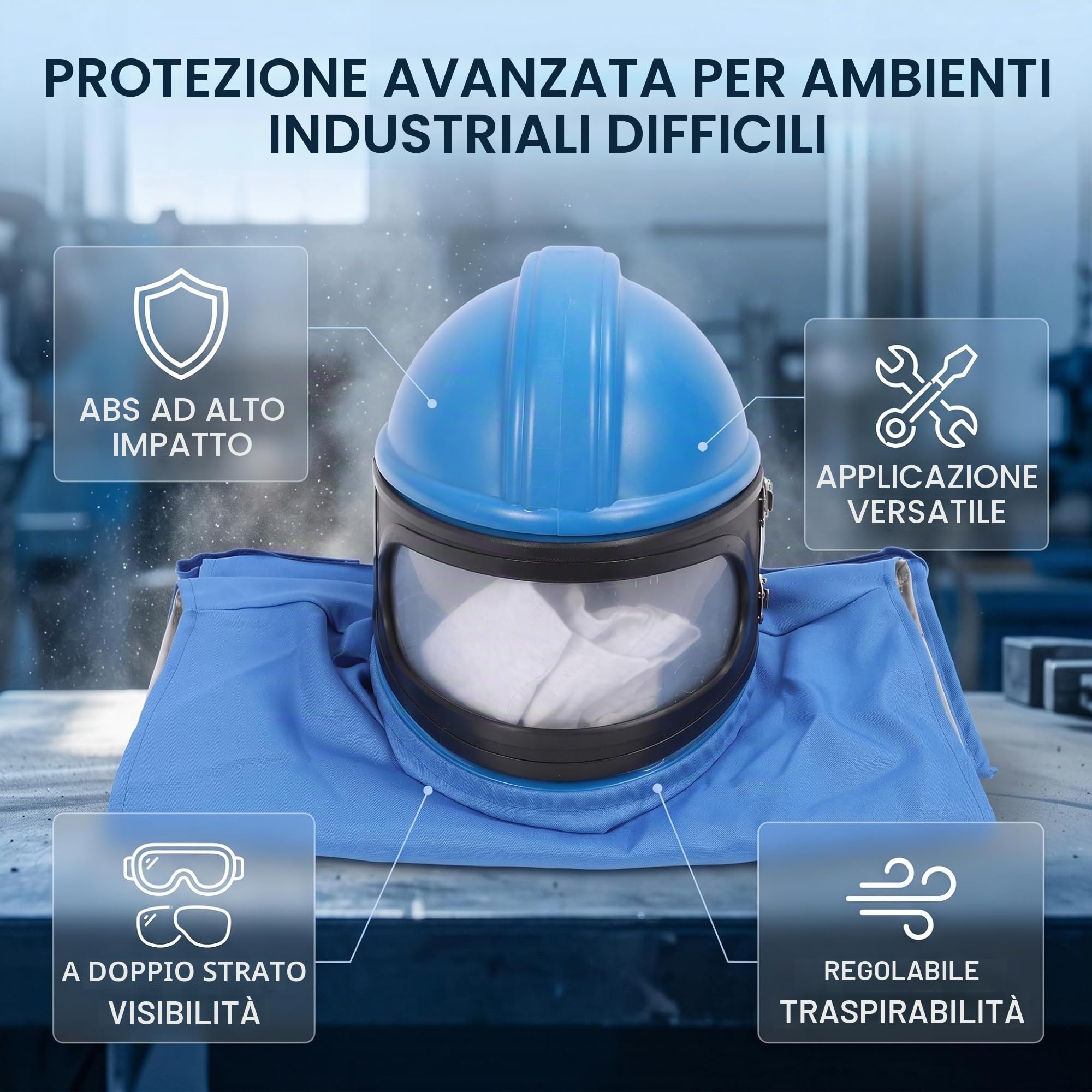 Casco da Sabbiatura con Alimentazione d'Aria, Design Doppia Lente, Tela ABS Gomma, Tuta Senza Maniche per Verniciatura e Spruzzatura
