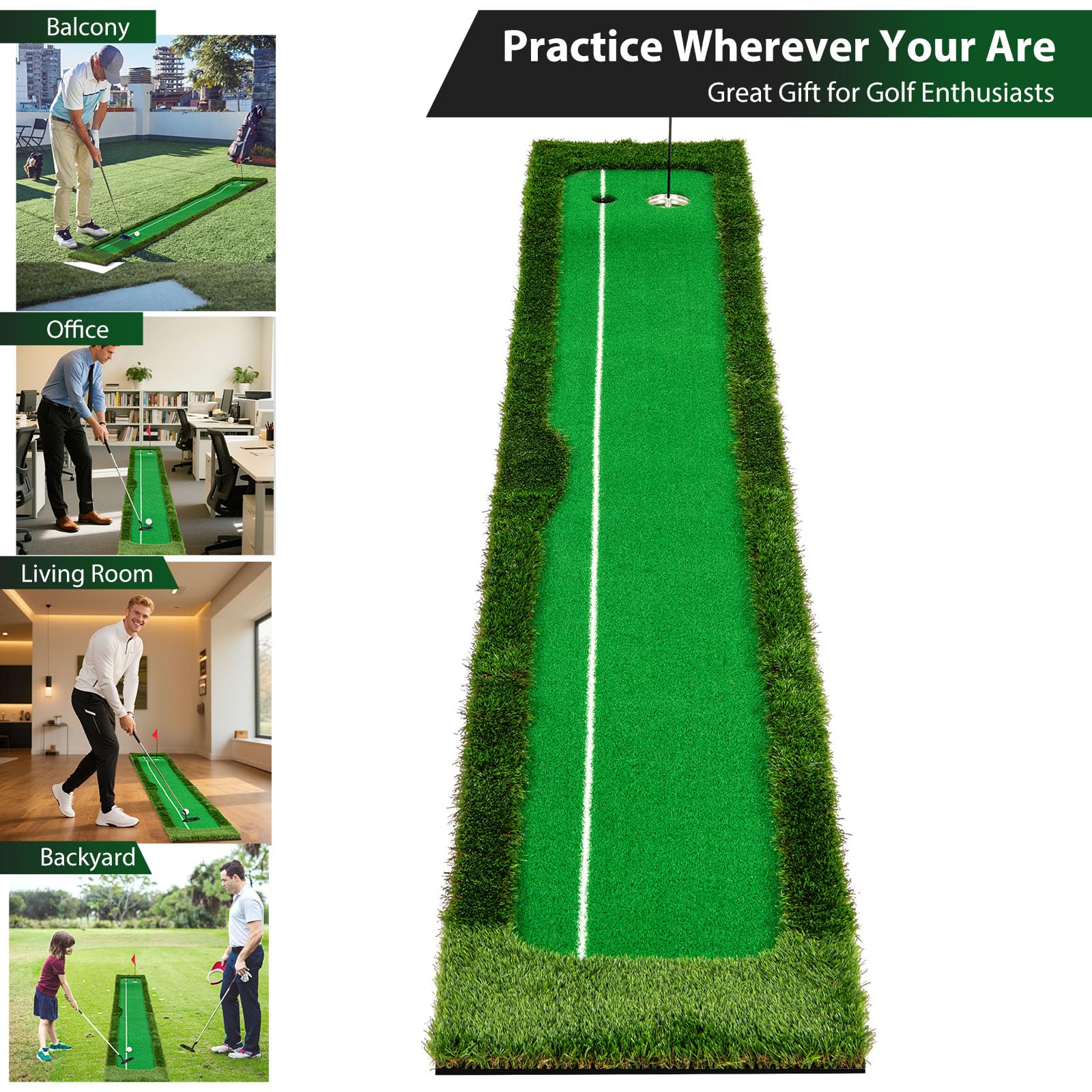 LIFEZEAL Alfombrilla de golf de 300 cm, equipo de entrenamiento de golf con 3 pelotas de golf, mini esterilla de ejercicio con 2 tamaños de agujeros para interior, exterior, alfombrilla de putting