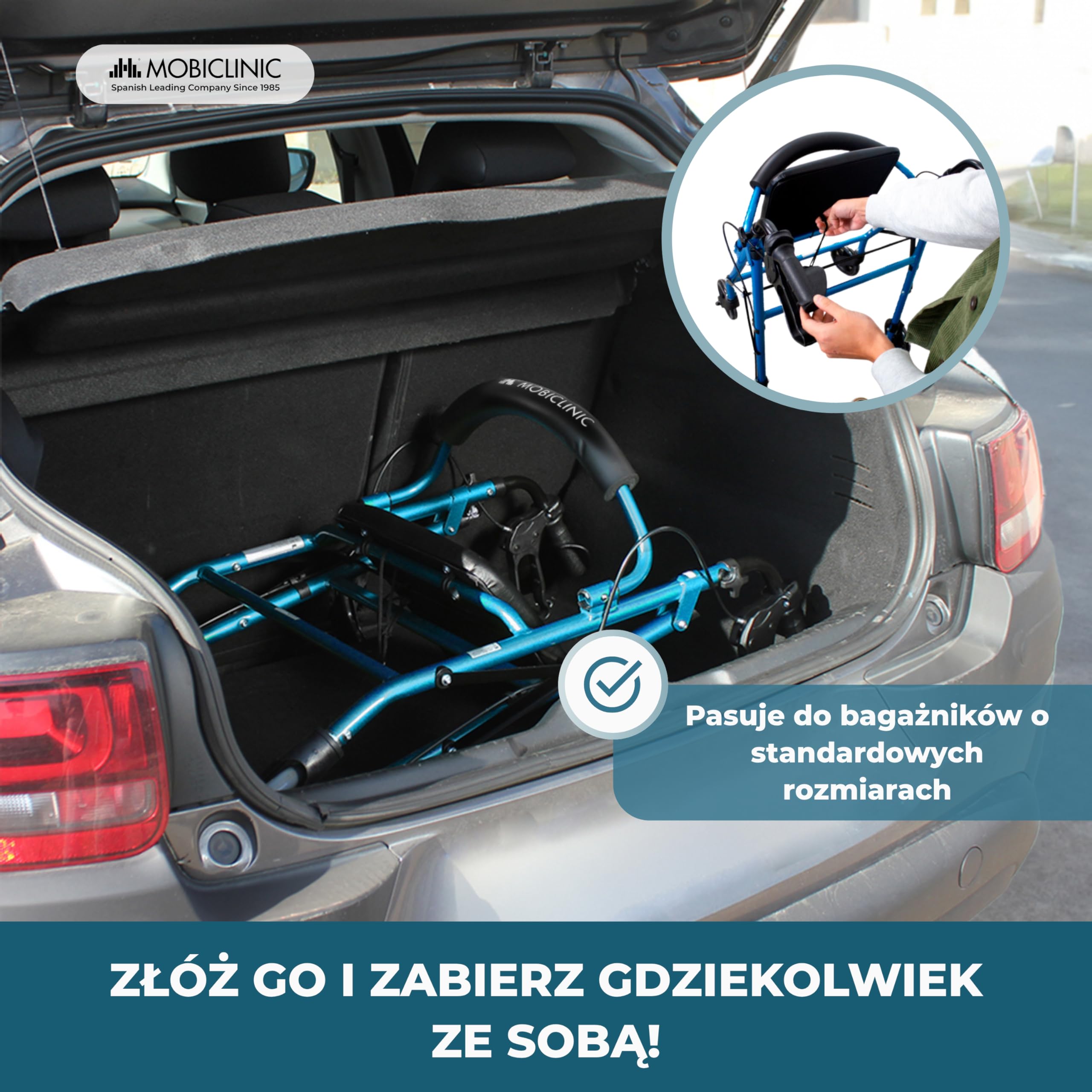 Chodzik | Składany | Aluminium | Hamulce na dźwigniach | Siedzisko i oparcie | 4 koła | Niebieski | Escorial | Mobiclinic