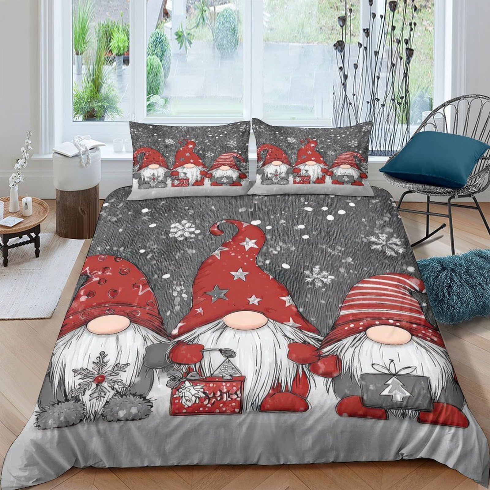 Ctjqhvkz Style-9 3D Printed Christmas Gnome Fitted Sheet Microfiber Red Grey Snowflake Bed Cover Anti-Slip Easy Care For Bedroom Guest Room Single（135X200cm）