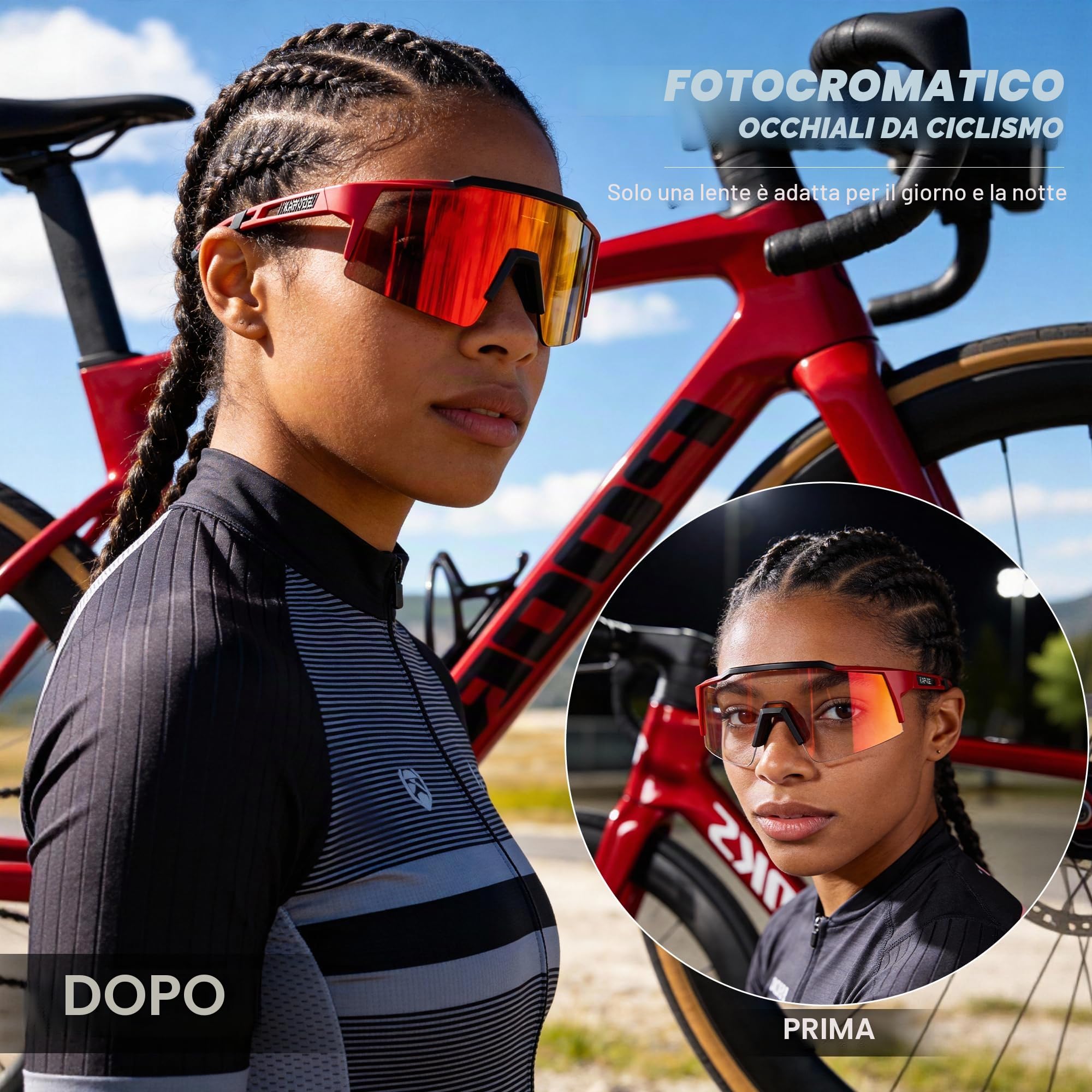 KAPVOE Occhiali da ciclismo fotocromatici UV400 uomo donna TR90 K9023 | Occhiali da ciclismo fotocromatici, UV400 Protezione, Struttura TR90 e supporto interno integrato